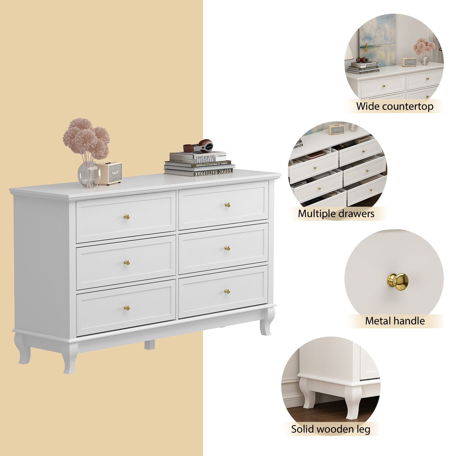 FUFU&GAGA Contemporary White Double Dresser With 6 Drawers, Modern ...