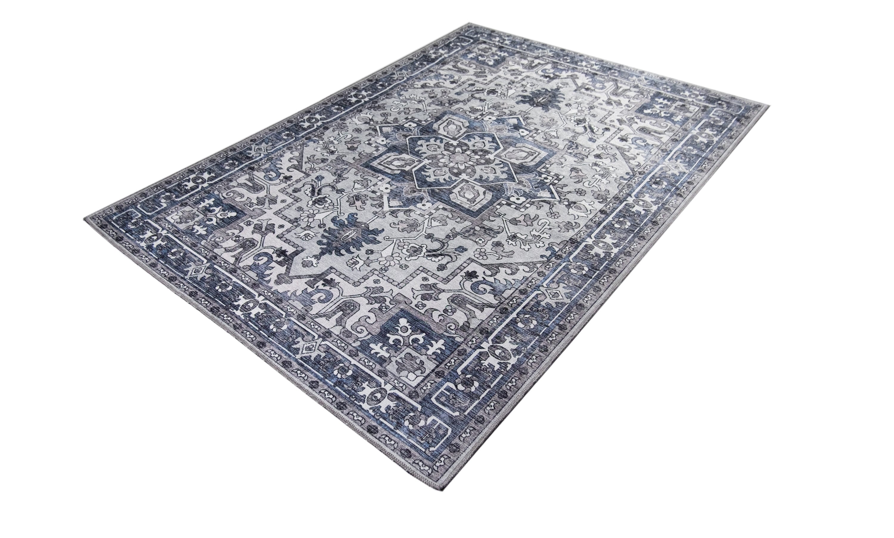 Lyla Blue and Gray Synthetic Traditional Washable 4' x 6' Area Rug