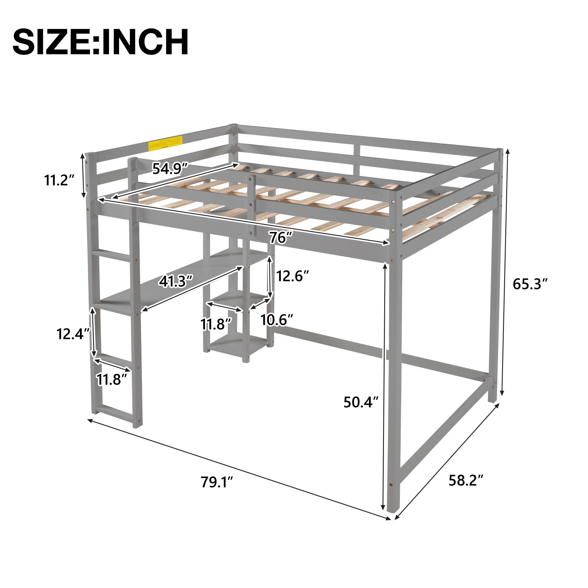 Yiekholo Gray Full Size Loft Bed with Desk, Study Loft Bunk Bed for ...