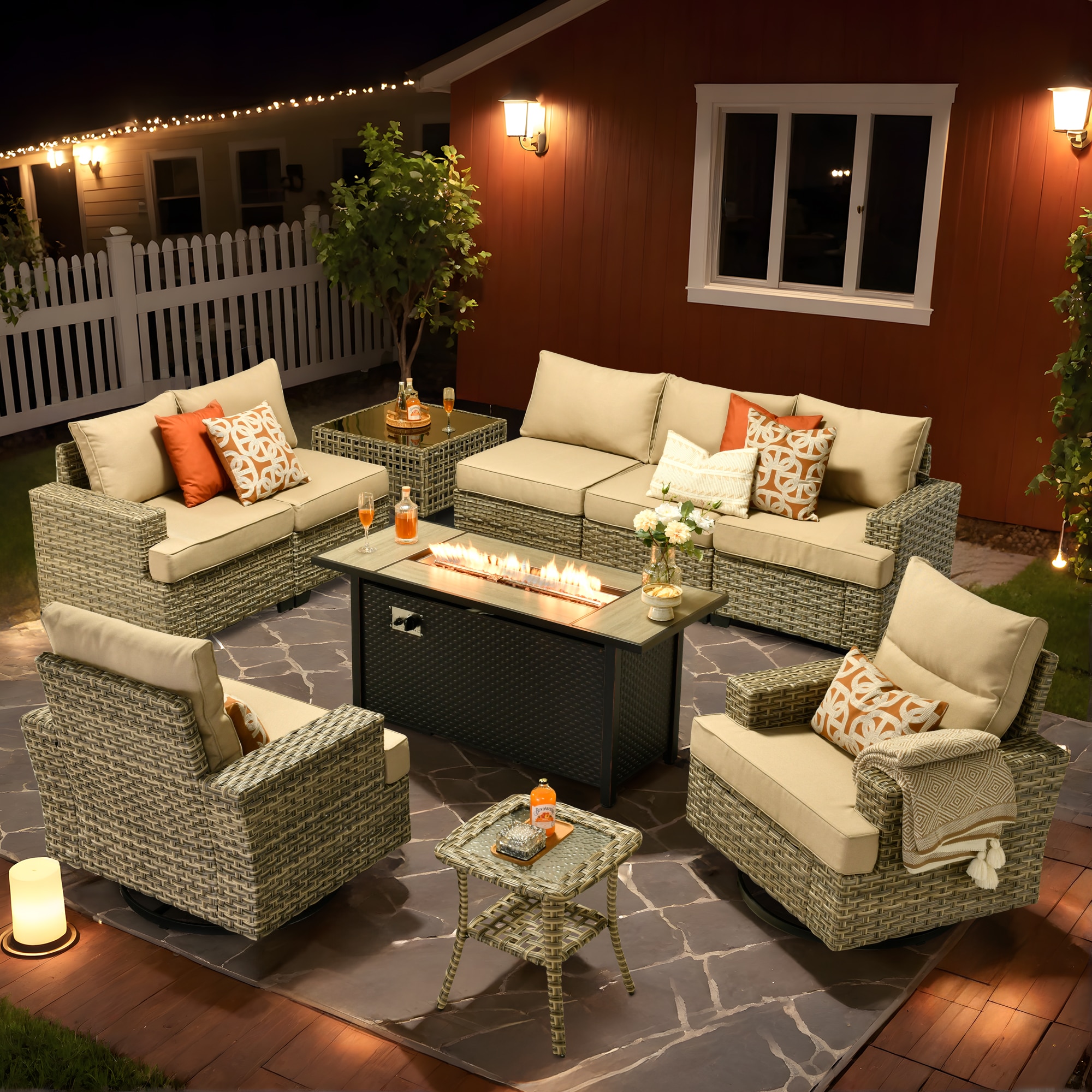 Pouuin SCFPTYZBS609 7 -Piece Wicker Patio Sofa Conversation Set with Beige Cushions