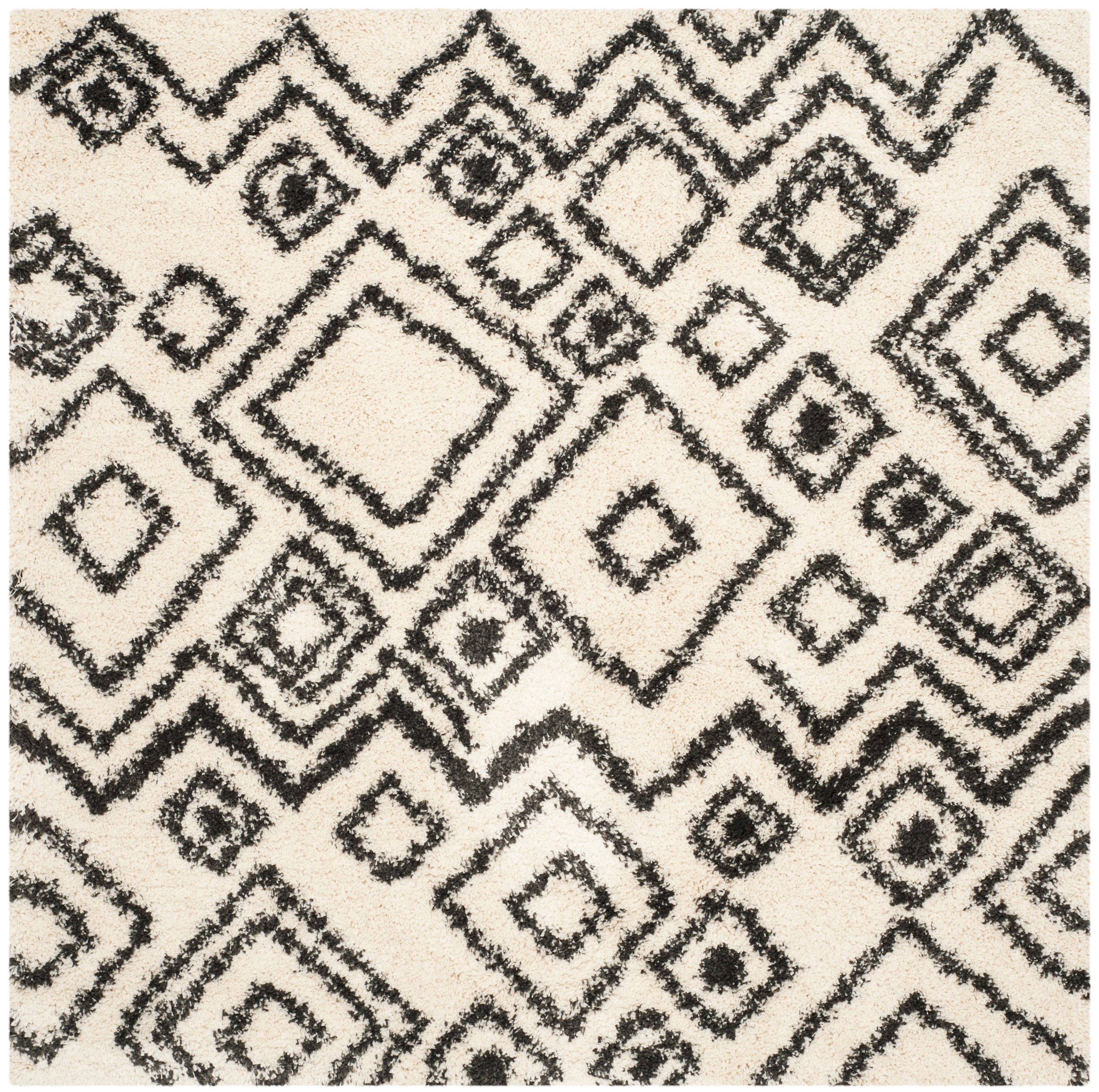 Safavieh SGB488B-6SQ Belize Lakin Shag 7 x 7 (ft) Polypropylene Ivory/Charcoal Square Indoor Geometric Moroccan Area rug