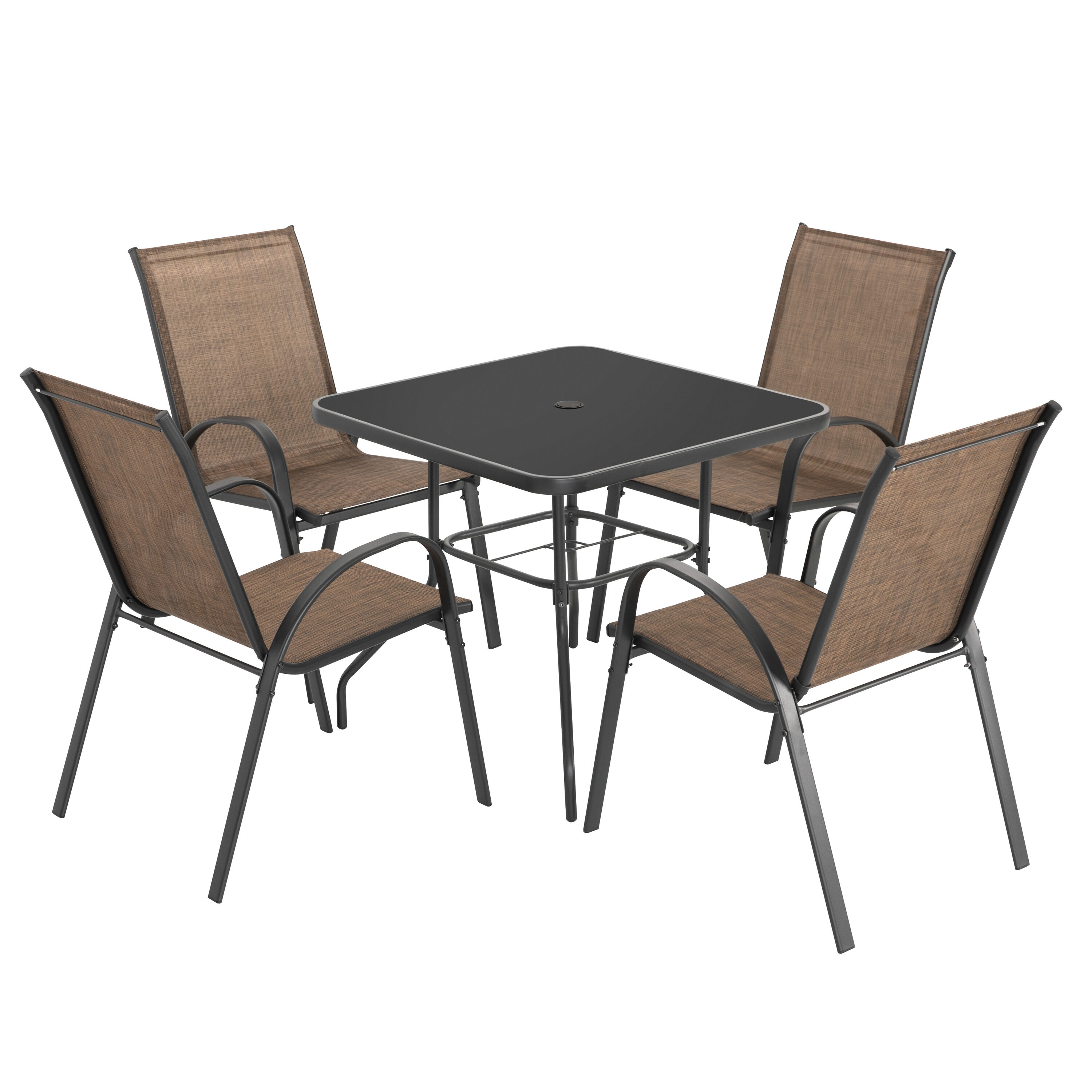 Nuu Garden SD201-T4021 5 -Piece Black Patio Dining Set Iron Square Table with 4 Brown Stackable Stationary Chairs