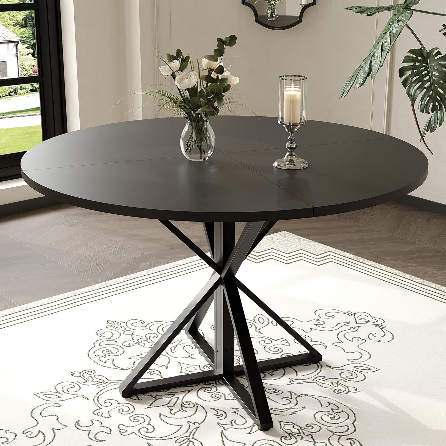 Qeetex DHZ-PHO-34JGDWT4 Round Dining Table for 4 47 inch Farmhouse Kitchen Table Circle Dinner Table with Heavy Duty Metal Base Wood Dining Room Tables for Living Room Dinning Room Apartmen Black Only Table