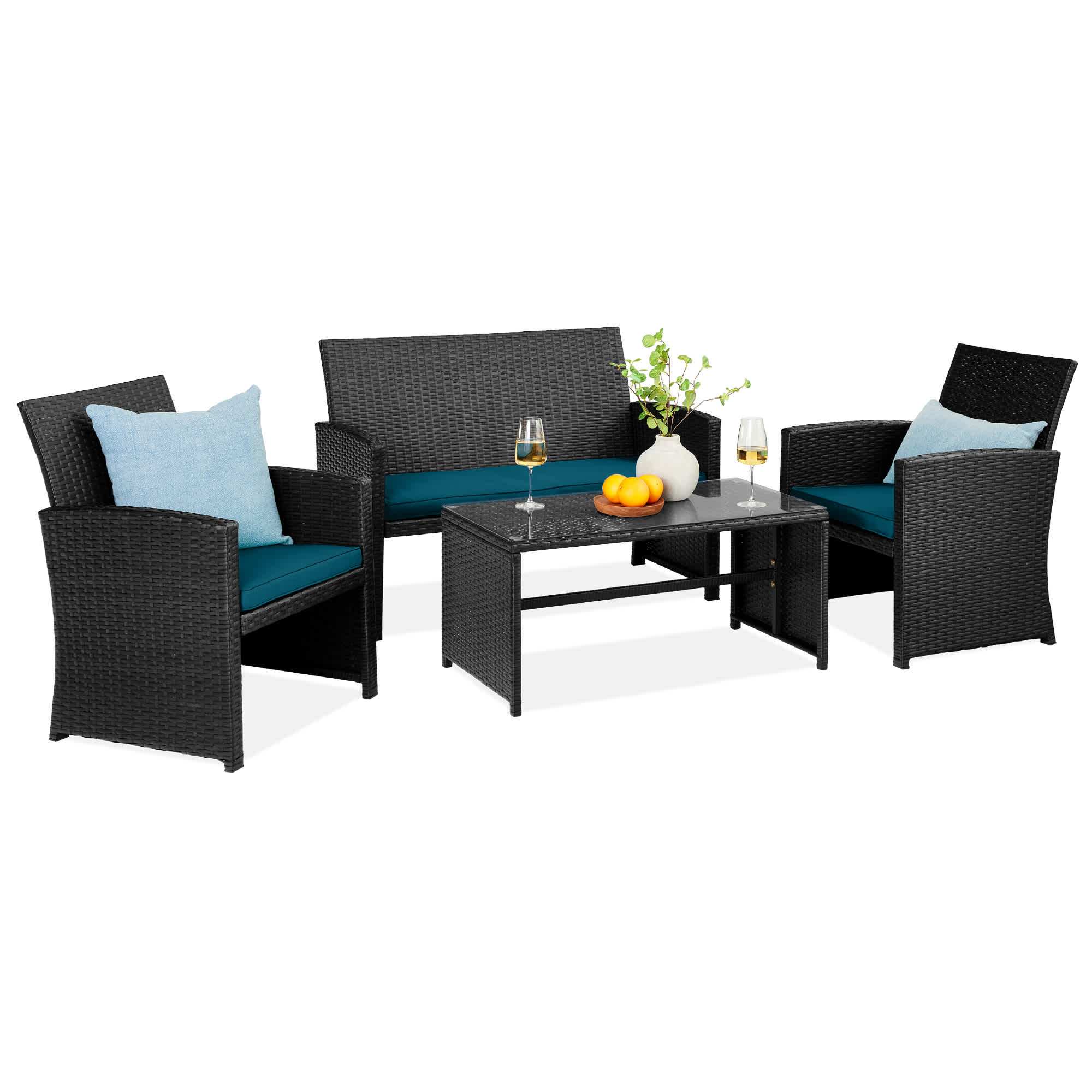 Best Choice Products SKY7581 4-Piece Outdoor Wicker Patio Conversation Furniture Set w/ Table Cushions - Black/Peacock