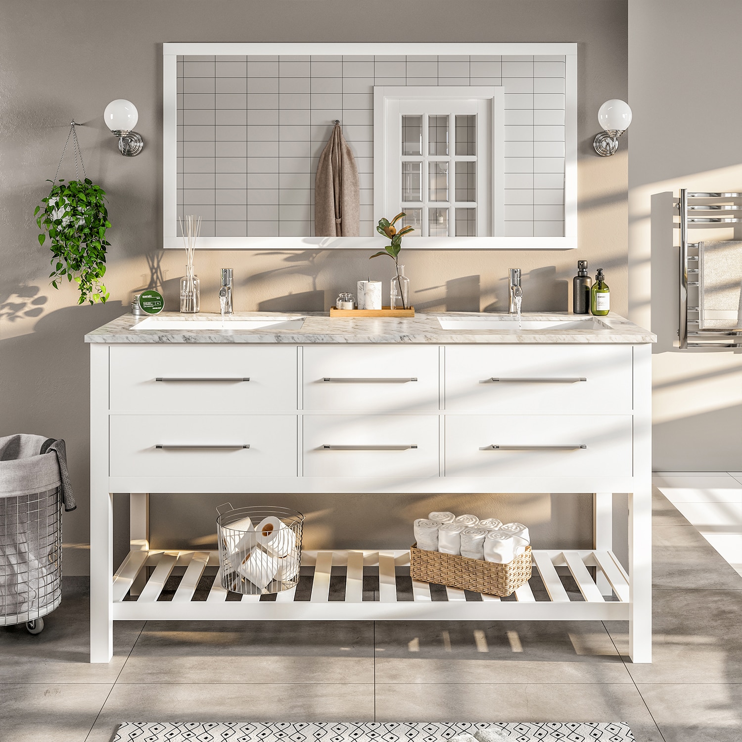 Eviva EVVN512-60WH Natalie 60-in White Undermount Double Sink Bathroom Vanity with White Marble Top