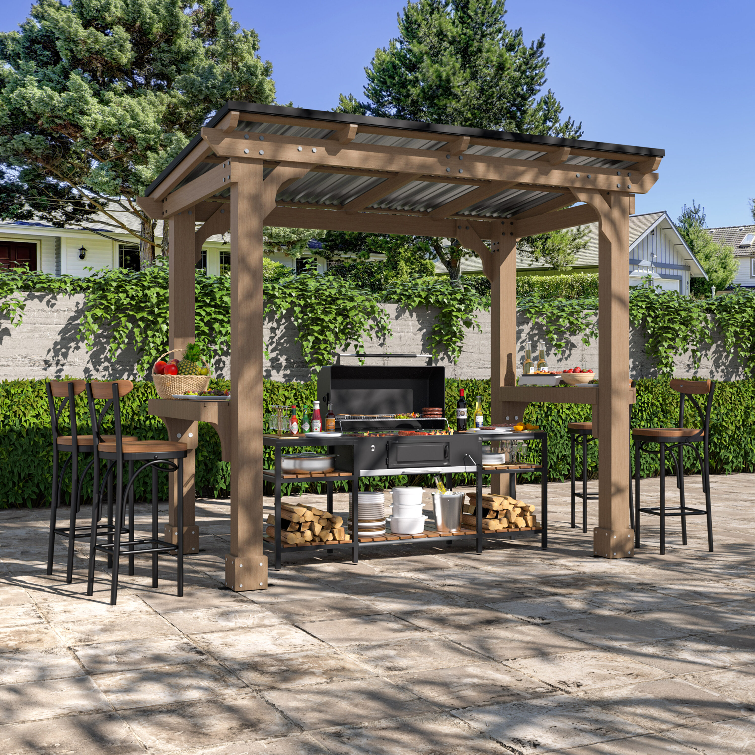 VEIKOUS PG0201-58-G 8-ft x 5-ft light mocha brown Rectangle Grill Gazebo with Hardtop Steel Roof