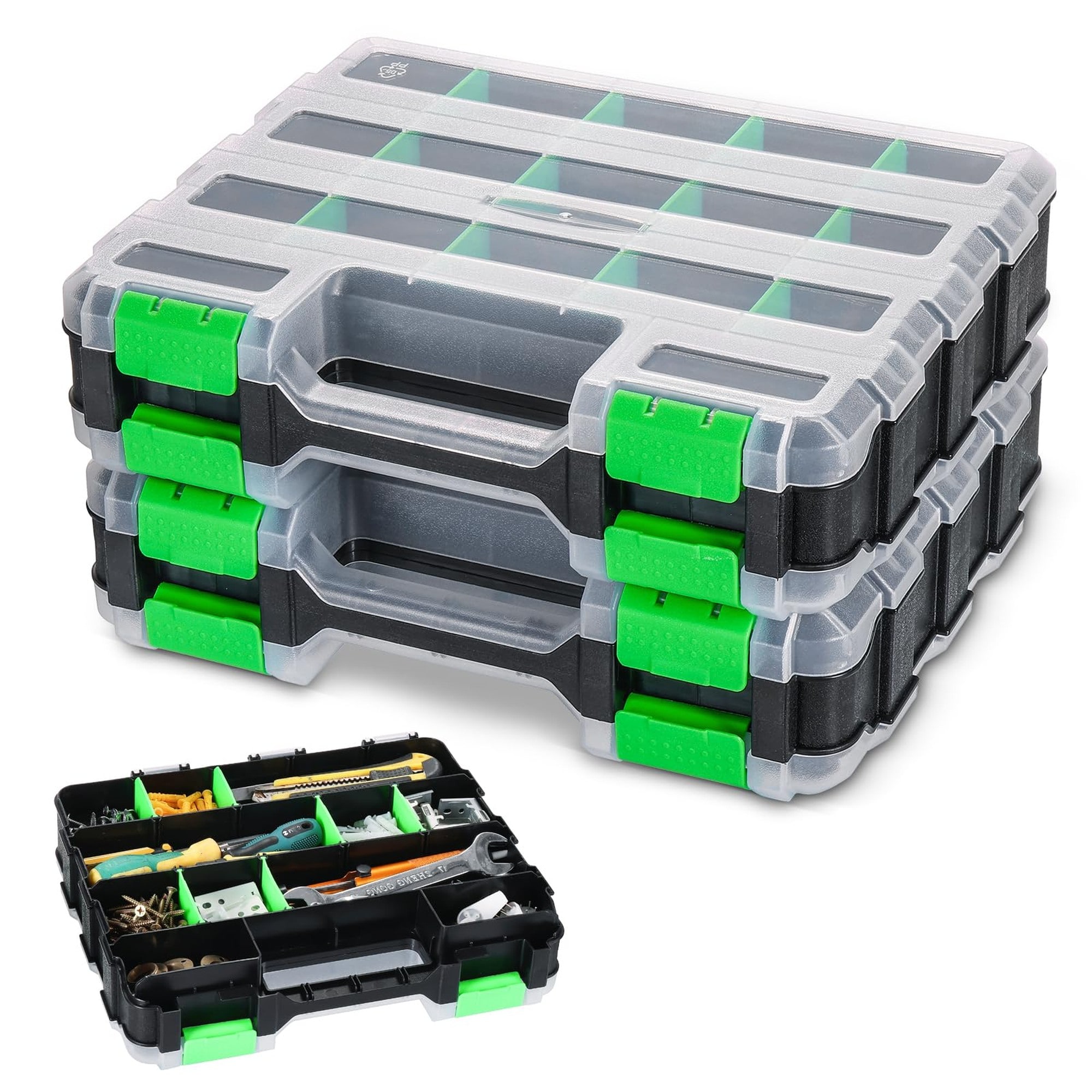 Angel Sar 2 Pcs Tool Box with Transparent Lid Hardware Organizer Box Double Side 34 Compartments with Removable Dividers for Screws Nuts Nails Bolts