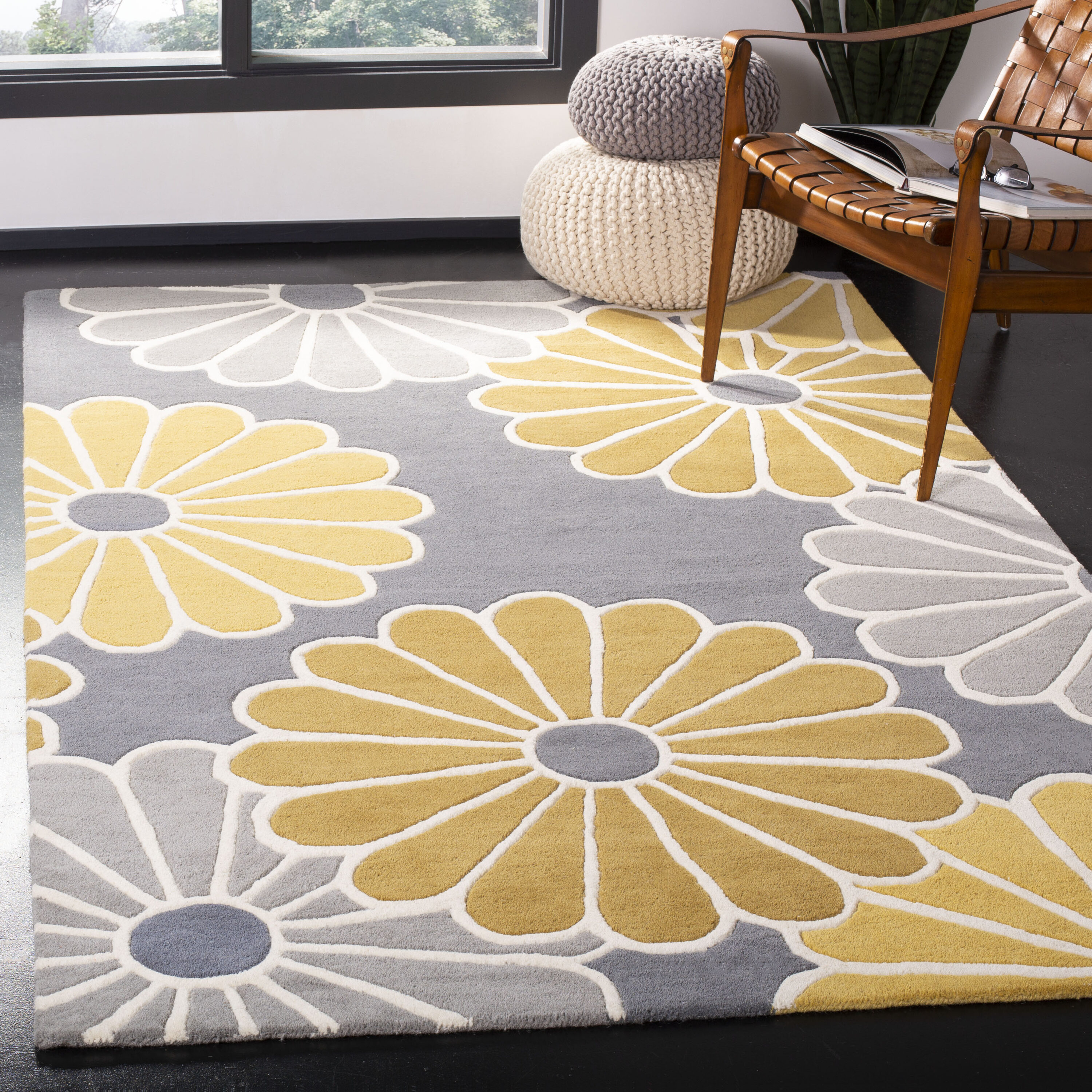 4 x 6 (ft) Tufted Wool Grey / Yellow Rectangular Indoor Floral/Botanical Mid-Century Modern Professionally Clean Only Area rug