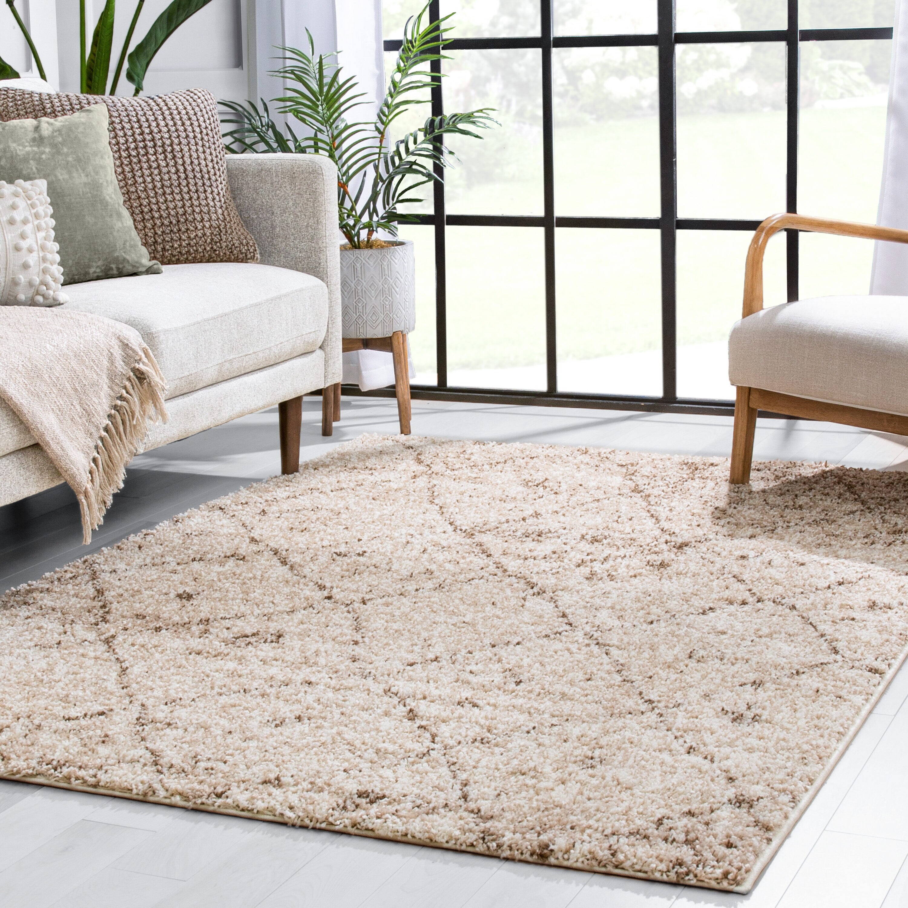 Ivory Rectangular Shag Rug with Moroccan Lattice 3'3" x 5'3"