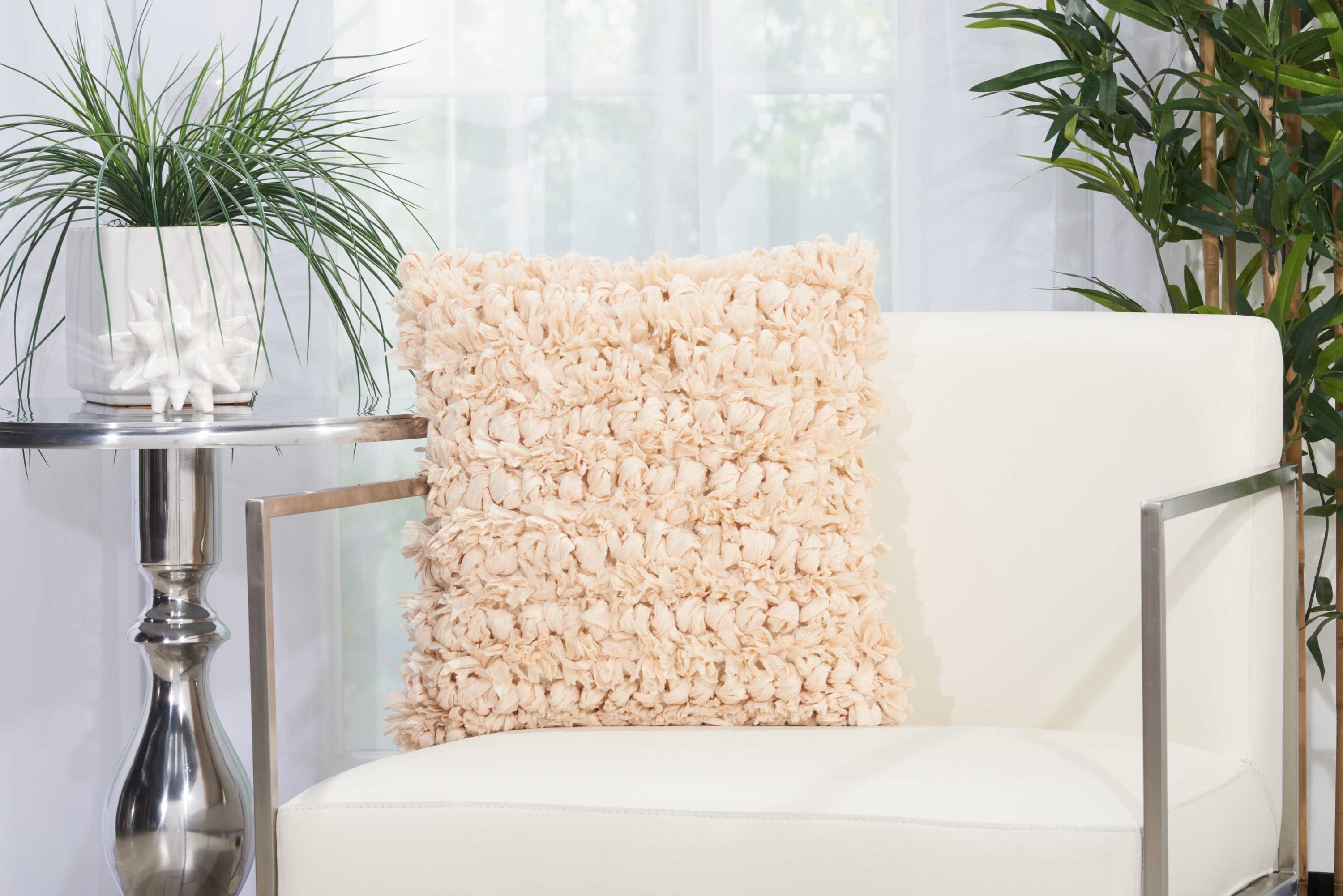 Beige 20" Square Paper Loop Shag Throw Pillow