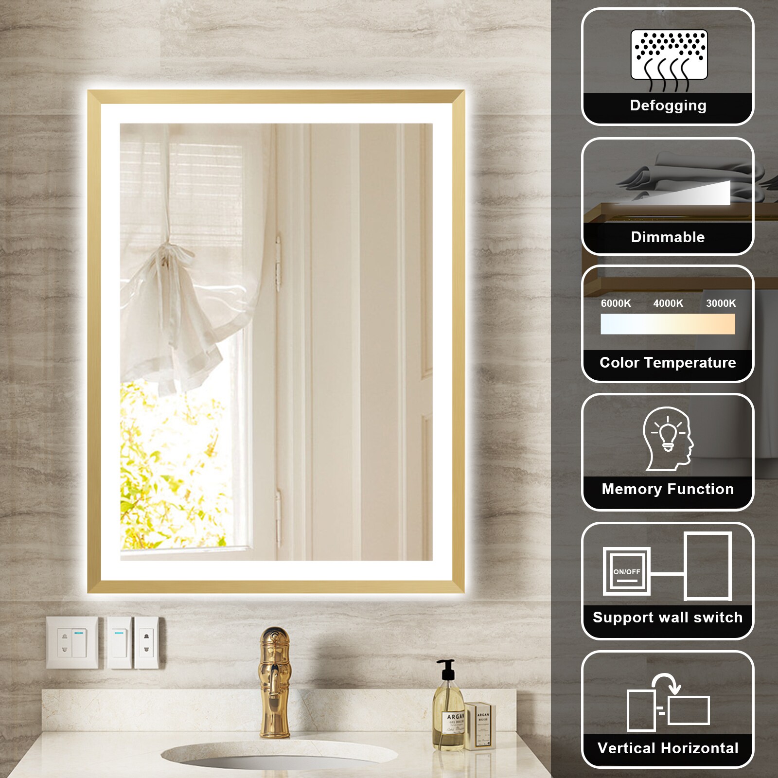 WELLFOR LUKY Dimmable LED Lighting Bathroom Mirror 24-in x 32-in Framed ...