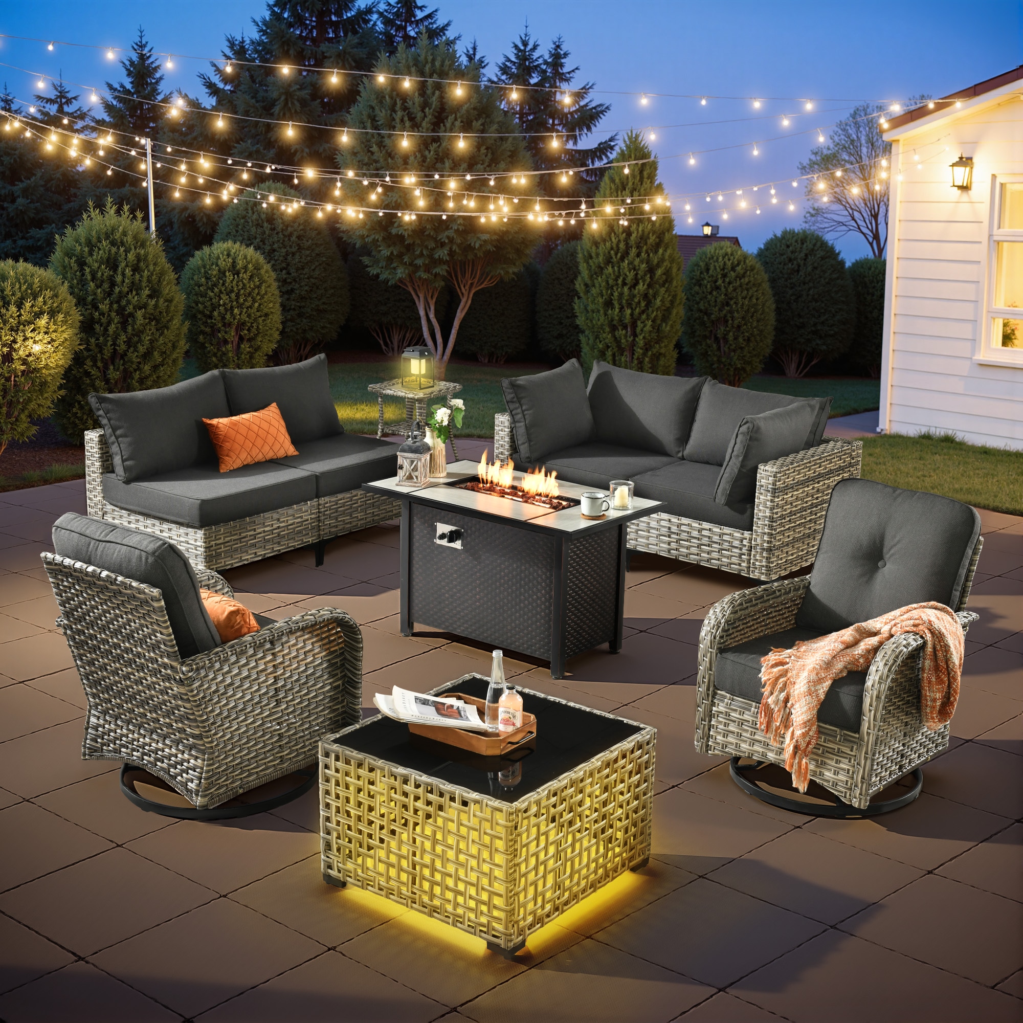 weaxty CFP03DSCRRSYZVNC109 Lotus Wicker Outdoor Sectional with Black Cushions and Steel Frame