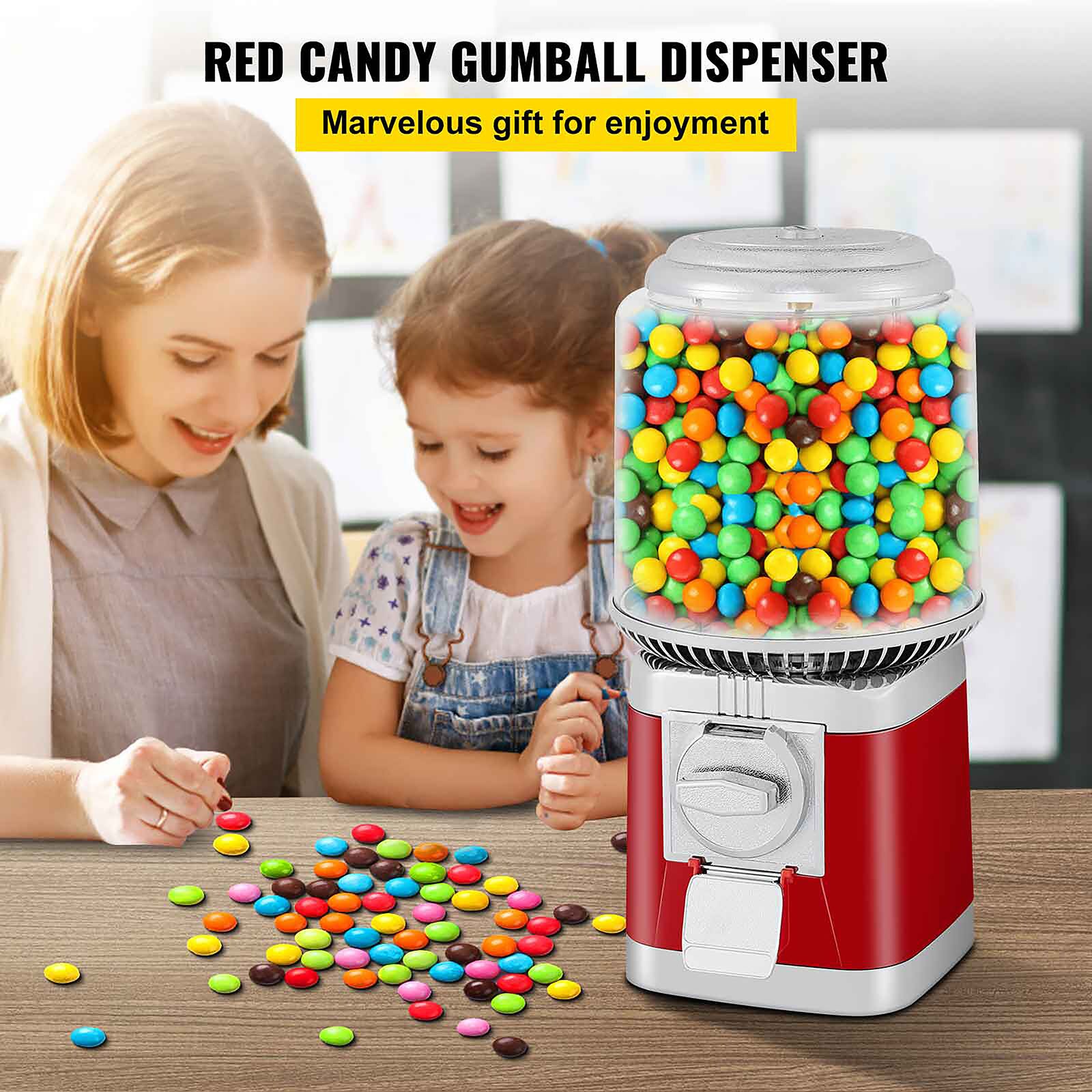 Gumball Machine - 12 Inch Candy Dispenser for 0.62 Inch Bubble Gum Ball and  More - Vintage Heavy Duty Red Metal with Large Glass Ball- Easy Twist-Off