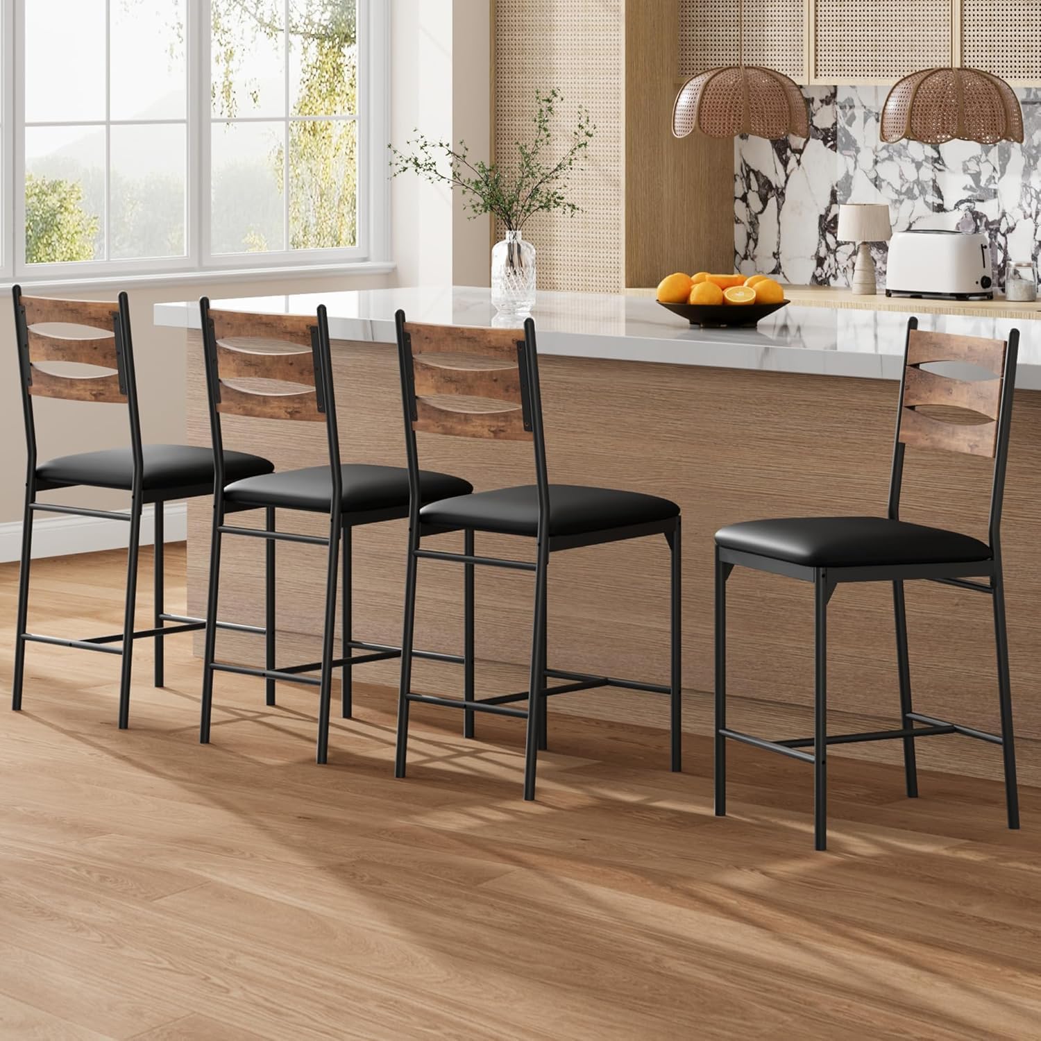 Qeetex LHF-YZ-PHO-34HK4AYN Bar Stools Set of 4 - Barstools - Faux Leather Upholstered Bar Chair Wooden with Back and Footrest and Thick Cushion - Counter Height Bar Stools for Kitchen Island Apartment - Brown