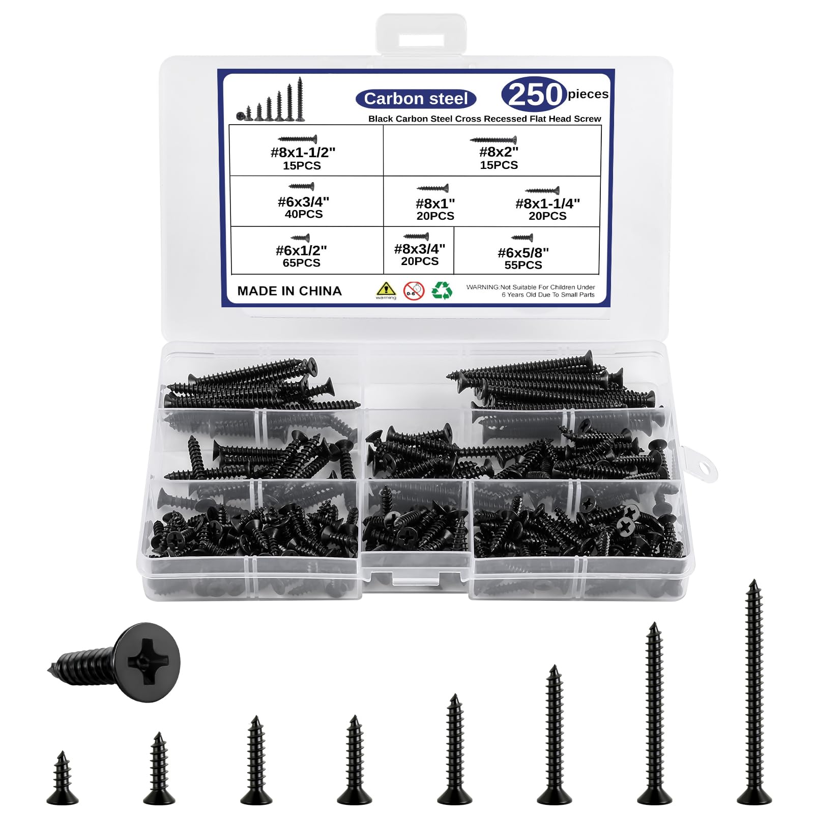 Phewnyzo  250pcs Wood Screws Kit Black Carbon Steel Flat Head Cross Recessed Assorted Sizes for Furniture Cabinets DIY Projects Storage Case