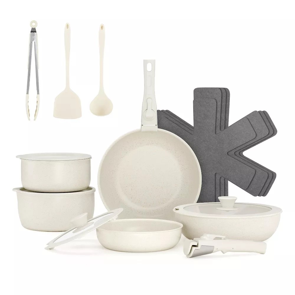 Fenbeli 18-Piece Non-Stick Cookware Set with Detachable Handles and Silicone Tools Induction