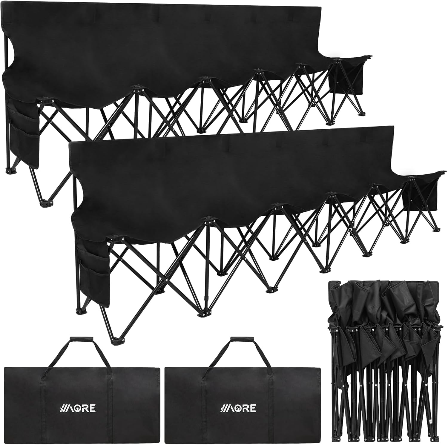 LOVMOR SF-H-CK-BENCH-5 Portable Folding Team Bench 6 Seats Foldable Sideline Benches Soccer Chair with Bag and Backrest Adult Team Chair Black 2PACK