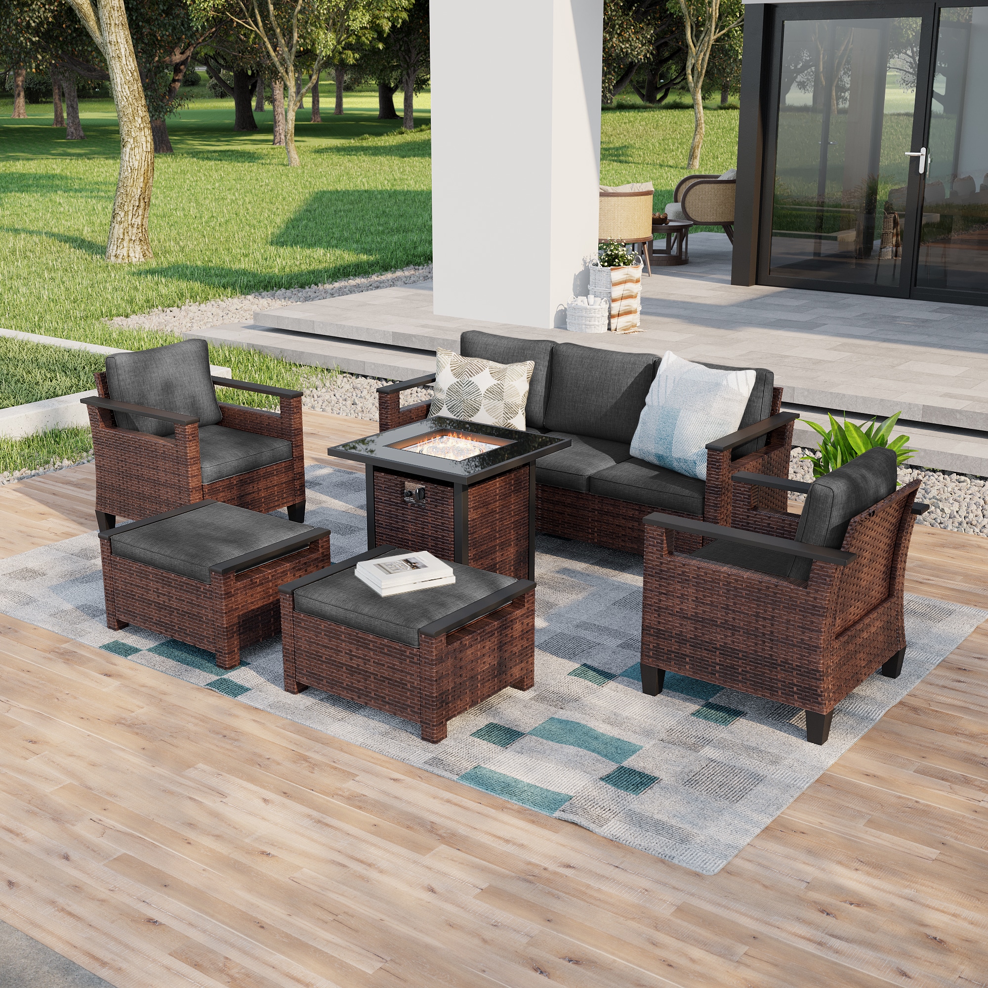 ACEGOSES LW-126BBK-T4 Skytop 6 -Piece Wicker Patio Sofa Conversation Set with Black Cushions