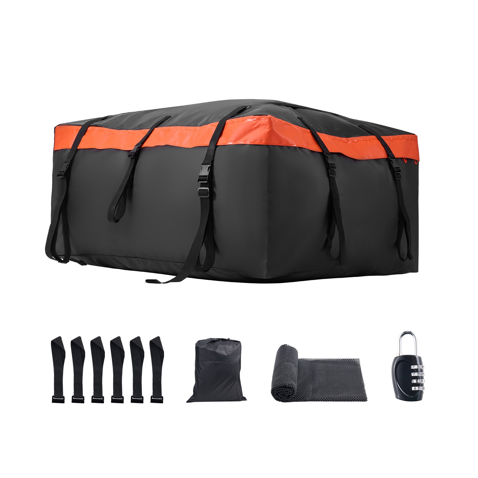 GIVIMO 47.2-in L x 35-in W x 21-in H 840D PVC Rooftop Cargo Bag 20-cu ft Roof Luggage Carrier with Combination Lock Anti-Slip Mat 6 Door Hooks Adjustable Straps Storage Sack and Water-Resistant Zipper Black and Orange 10.1-lb
