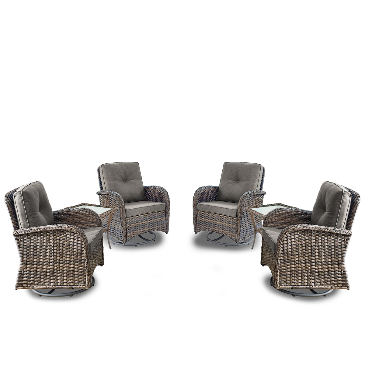 Rilyson FS085X2-3 KEY WEST Set of 4 Wicker Brown Wicker Frame Swivel glider Conversation Chair with Brown Gray Cushioned Seat