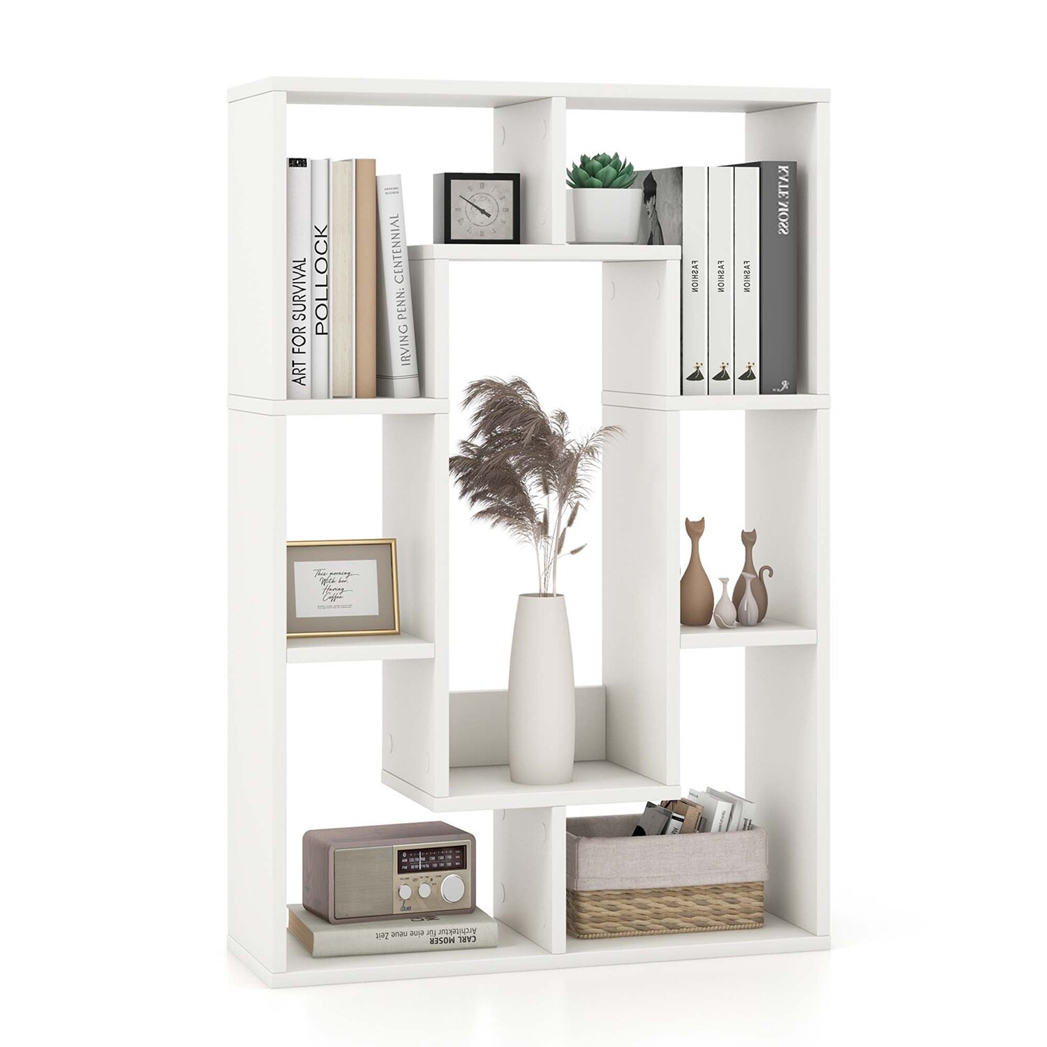 Costway  7-Cube Geometric Bookshelf with Anti-Toppling Device Modern Open Bookcase White
