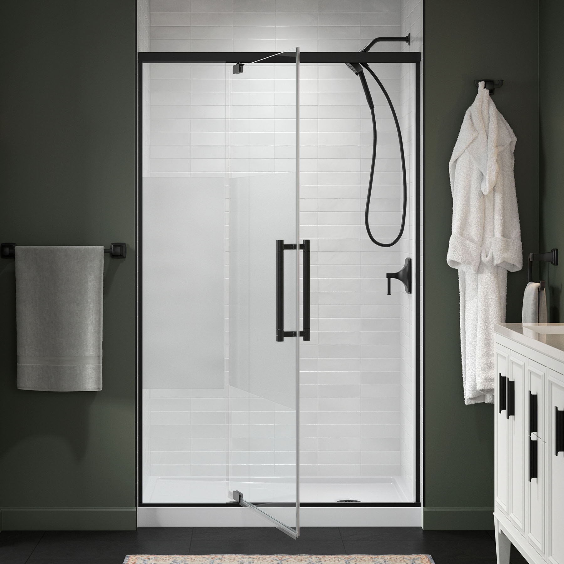 KOHLER 702478-8G81-BL Premise Matte Black 43-5/8-in to 47-5/8-in W x 76.06-in H Frameless Pivot Soft Close Shower Door 5/16-in Thick Clear Glass