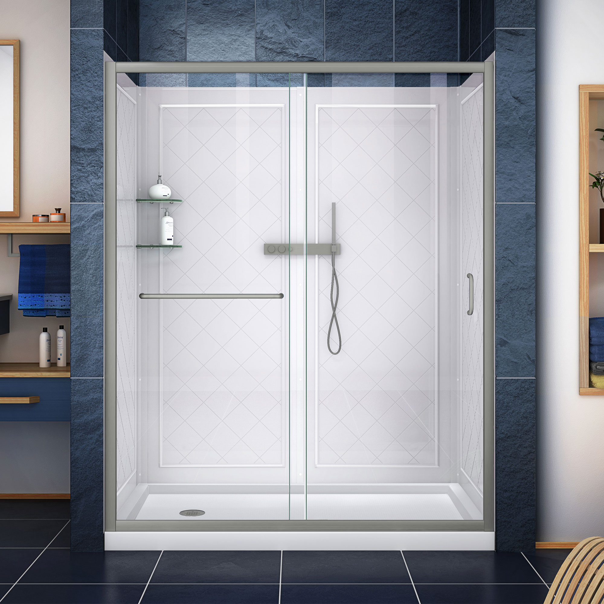DreamLine DL-6118L-04CL Infinity-Z 3 -Piece 60-in W x 34-in L x 77-in H Rectangular Alcove shower kit ( Left Drain) Base, Wall, Door Brushed nickel