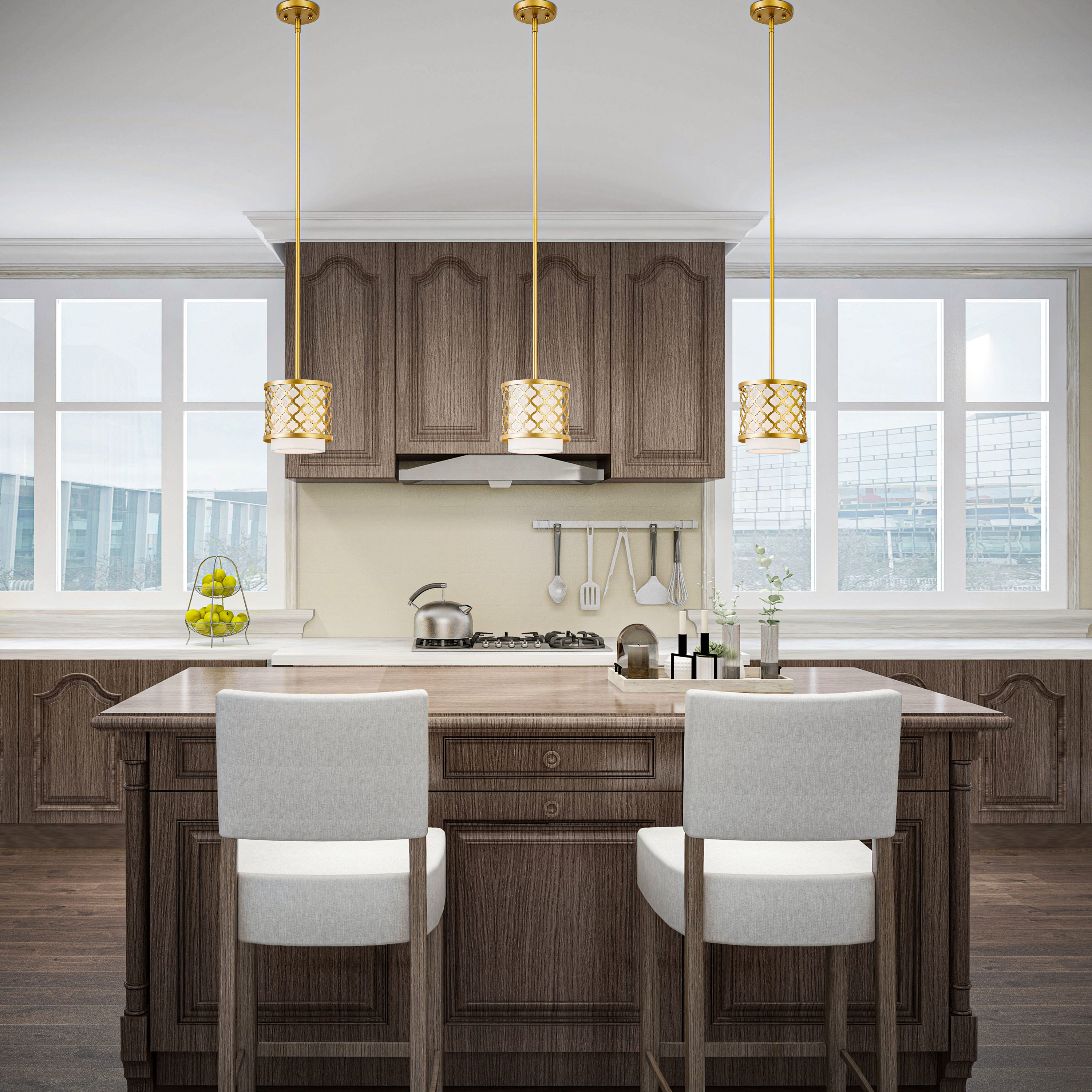 Arabesque Soft Gold Mini Pendant with Off-White Fabric Shade