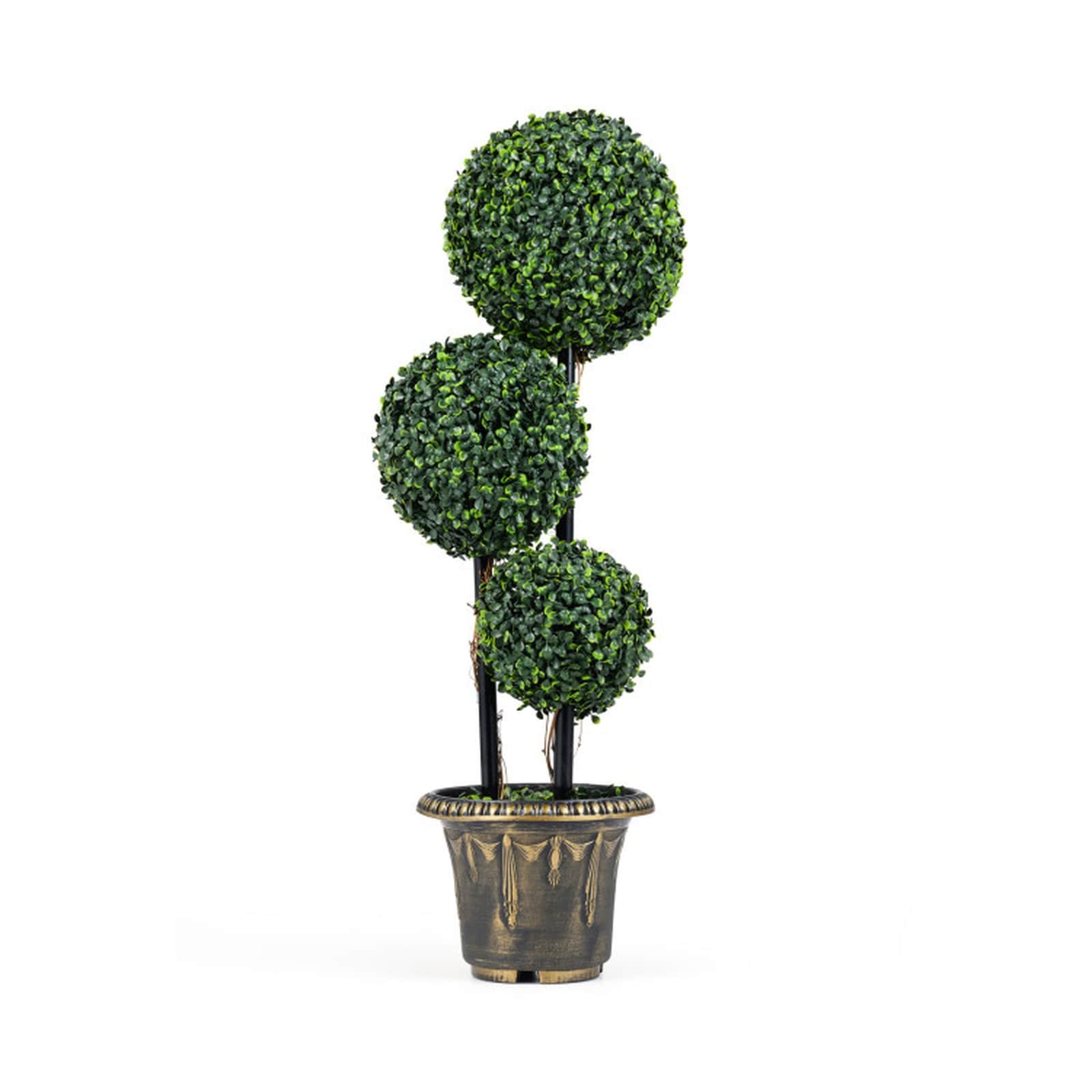 SUGIFT 35-in Artificial Boxwood Topiary Tree with Triple Ball Shrubs Faux Potted Plant with Cement-Filled Pot for Entryway Porch and Office-Green
