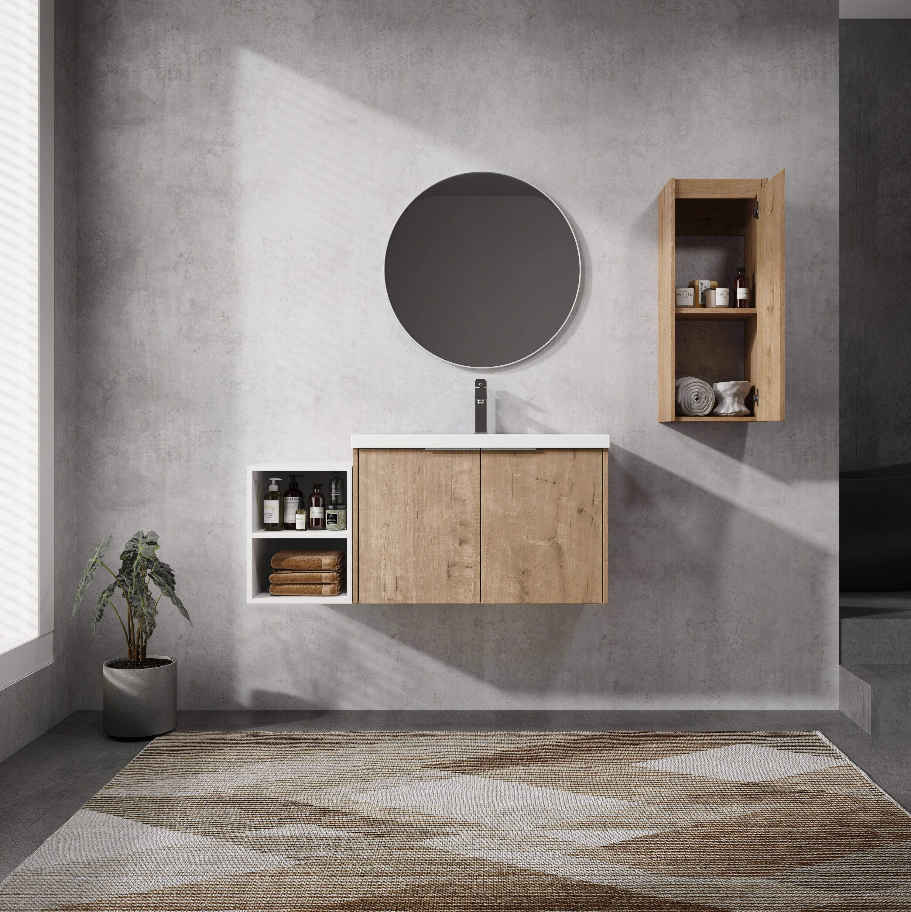 Tatayosi XH99S00234 42 inch Wall-Mounted Bathroom Vanity With Sink and Side Cabinet Soft Close Doors Combination Cabinet