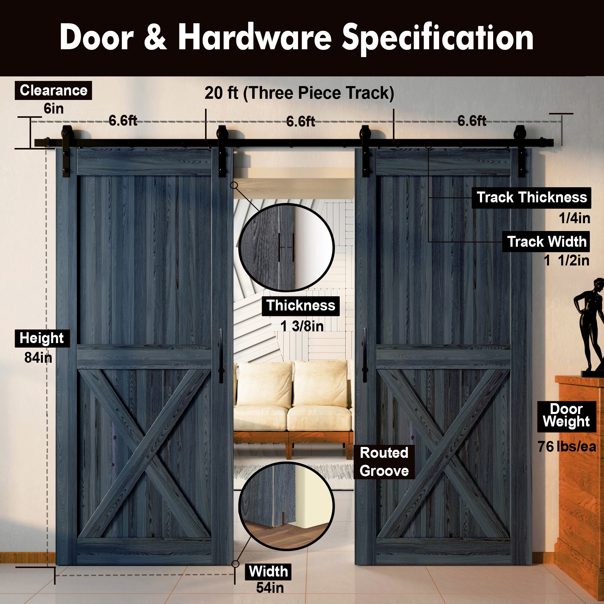 HOMACER YT2TGH240C-5484-X-NA Barn-Doors - View #7