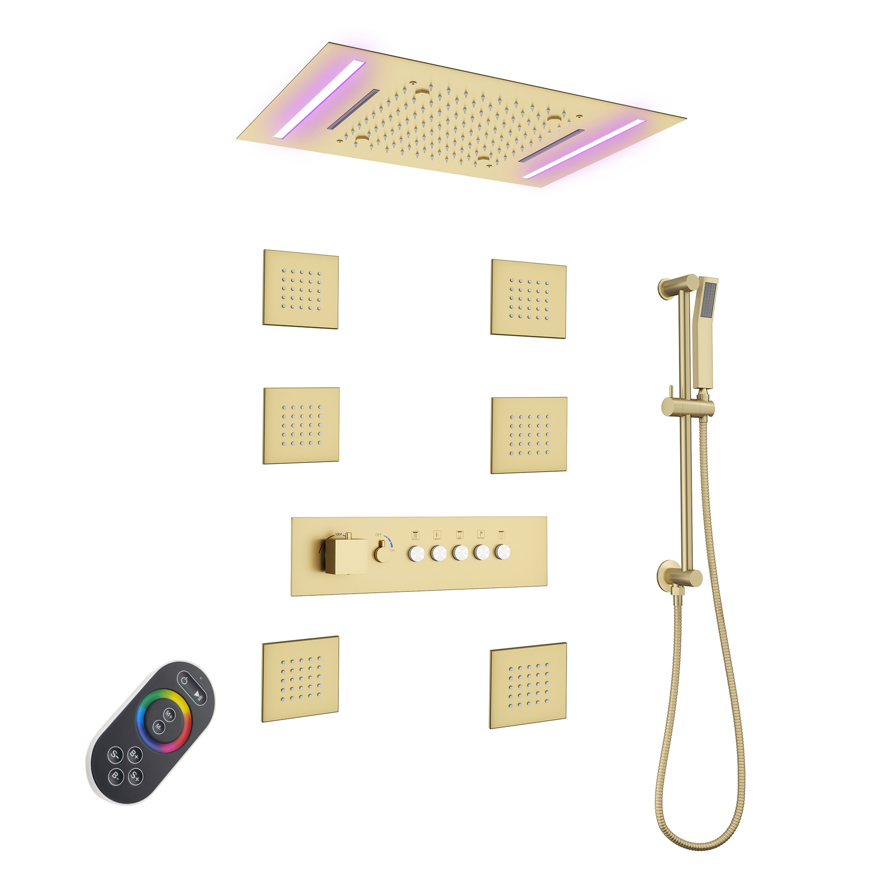 Mondawe WF-6368-20-BG Luxury Thermostatic LED Brushed Gold 20-in Waterfall Built-In Shower Faucet System with 3-way Diverter ( Thermostatic Valve Included )