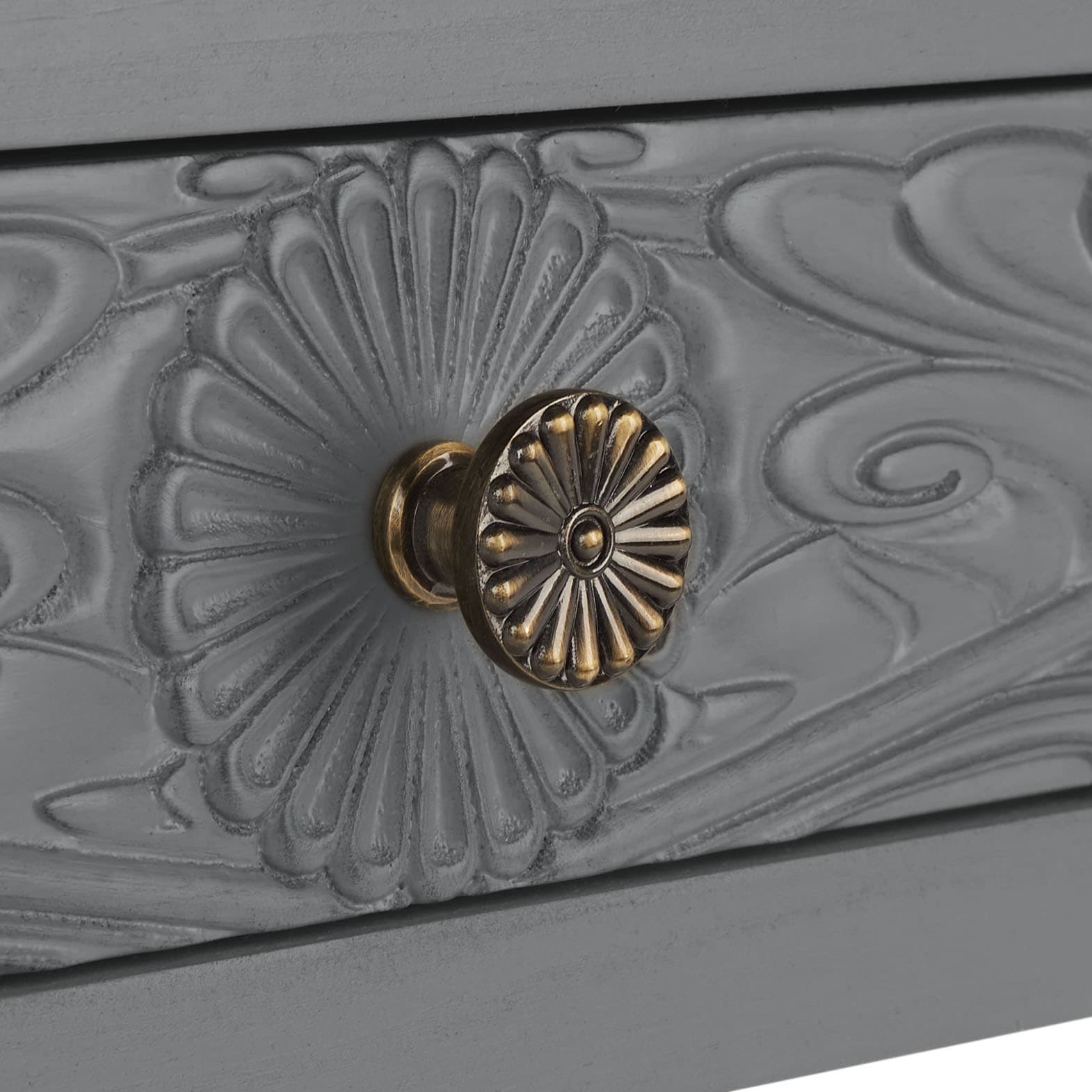 Josie Artisan Carved Floral 46" Wood Desk with Drawers in Distressed Grey