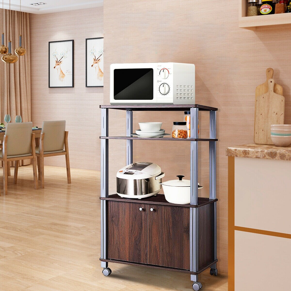 SUGIFT - Rolling Microwave Cart 38.5-in with 3 Shelves 2-Door Cabinet and Locking Casters - Walnut