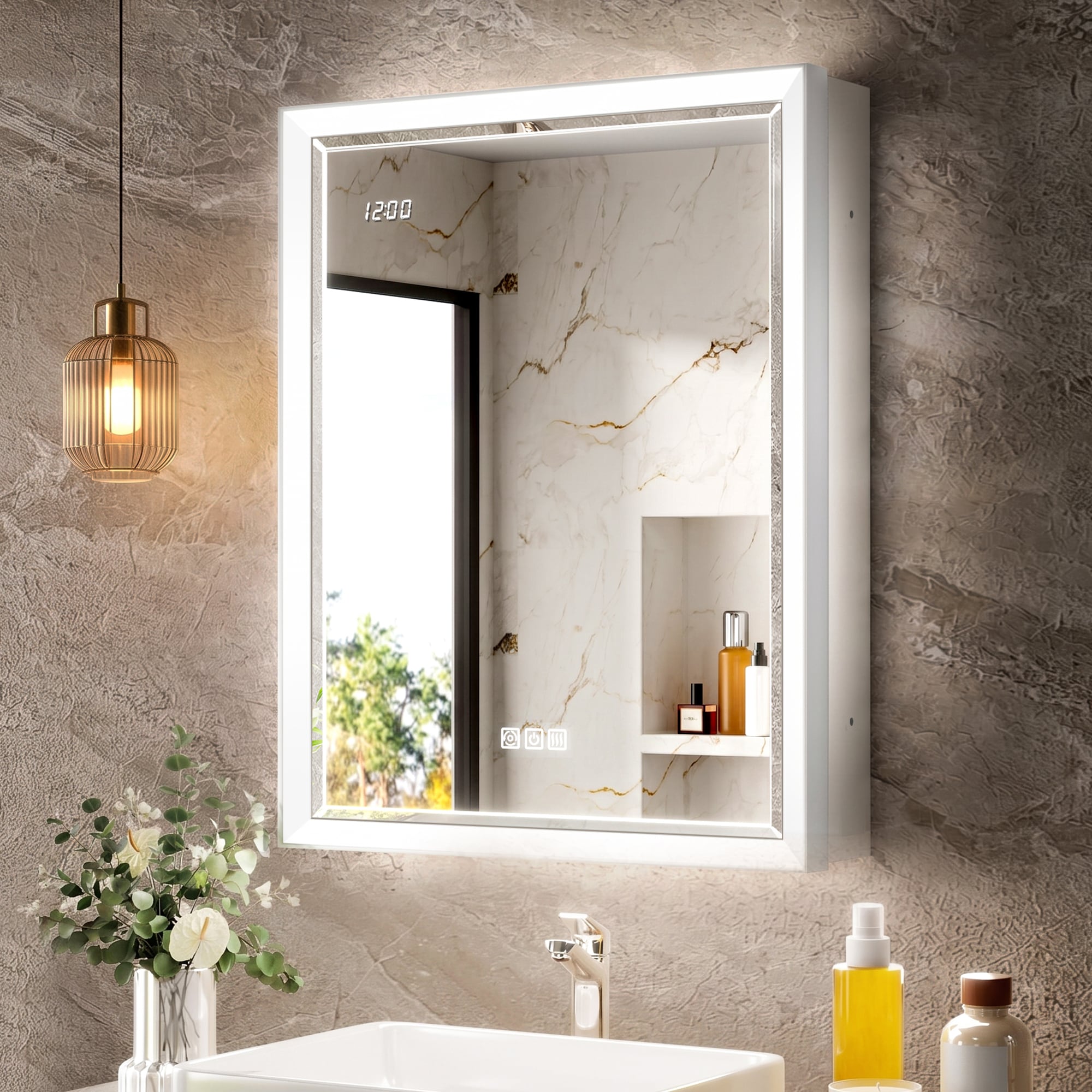 QueenFun Lighted Medicine Cabinet 20-in x 26-in Lighted LED Fog Free Surface/Recessed Mount Silver Mirrored Rectangle Soft Close Medicine Cabinet with Outlet #C-BLMB2026