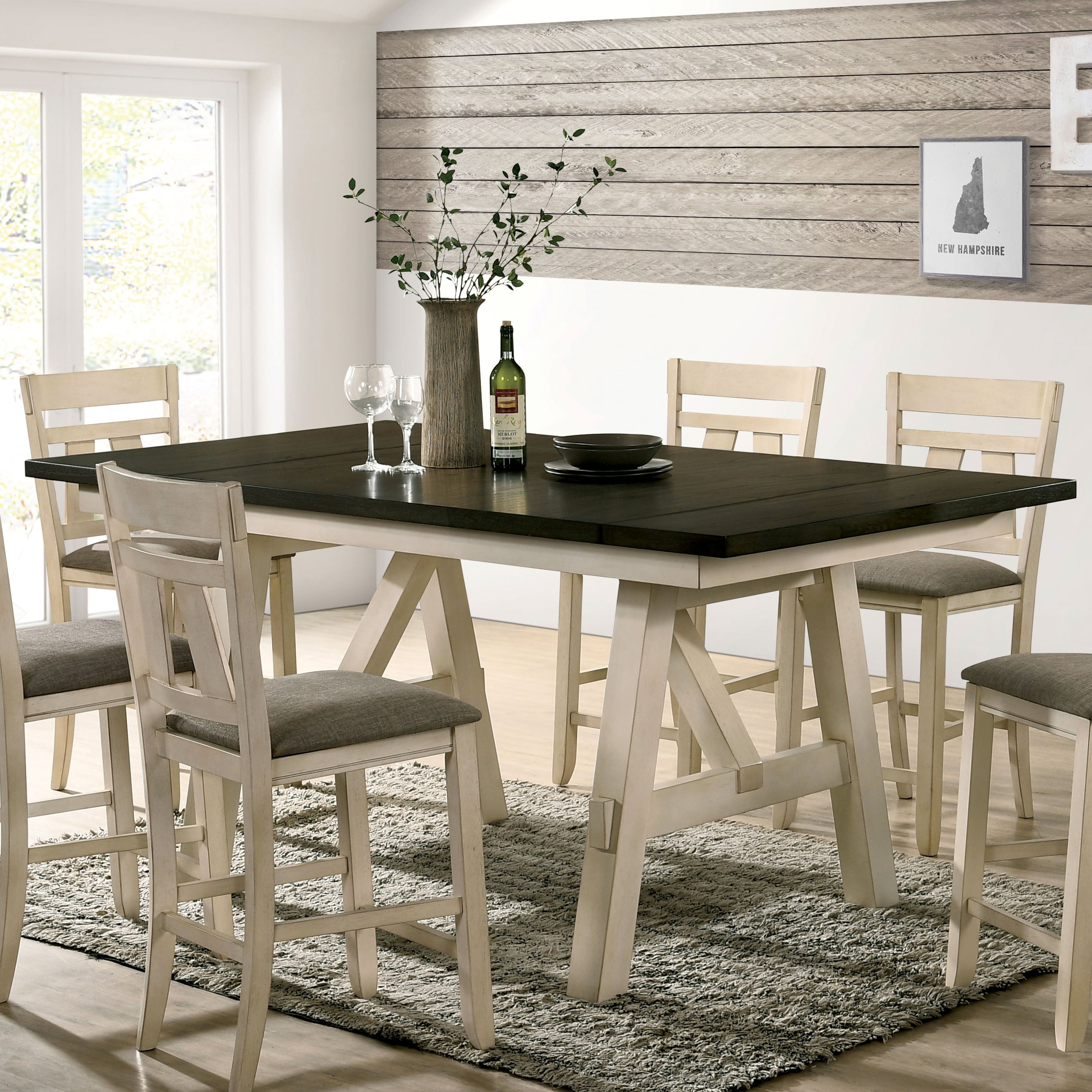 Furniture of America IDF-3487PT Carlman Ivory and Dark Gray Transitional Extending Self-storing Leaf Counter Table, Wood with Ivory Wood Base 78-in L x 36-in H