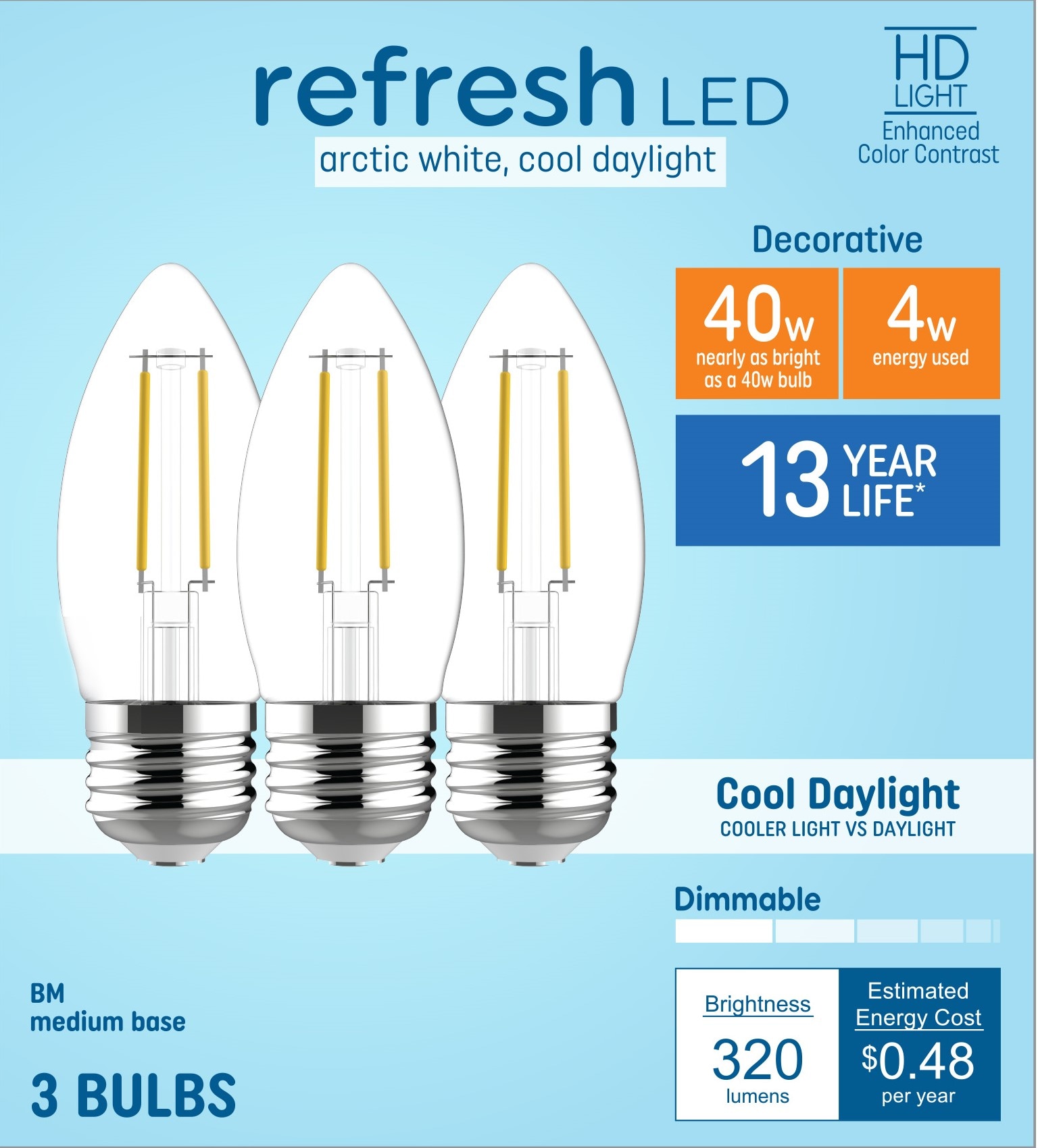 GE Refresh HD Cool Daylight 40 -Watt EQ B11 Cool daylight Medium base (E-26) Dimmable LED Decorative Light Bulb 3 -Pack #93122671