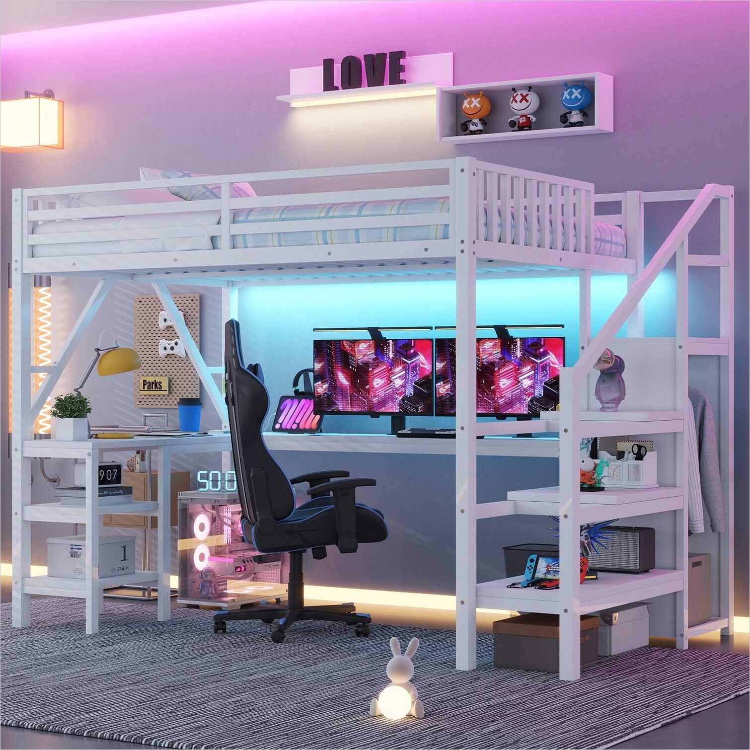 Naturefalls Full Loft Bed with L-Shaped Desk and Wardrobe in Soft White ...
