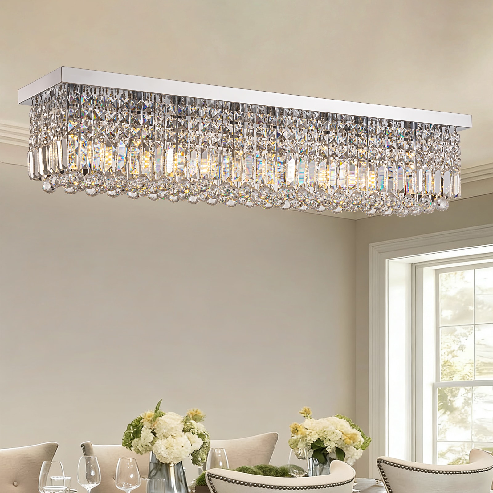 SILJOY 39.4-In 8-Light Modern/contemporary Square Chrome Crystal Chandelier with K9 Clear Crystal and Stainless Steel Frame for Dining Room Kitchen Island Living Room Foyer