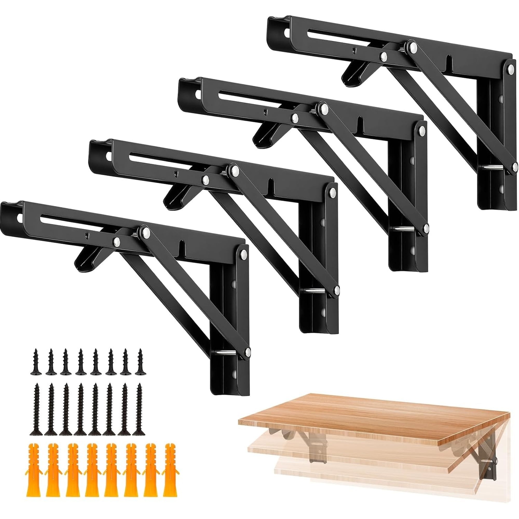 Angel Sar 4 Pcs 10 in Folding Shelf Brackets Matte Black Heavy Duty Collapsible for Tables Benches Space Saving Design