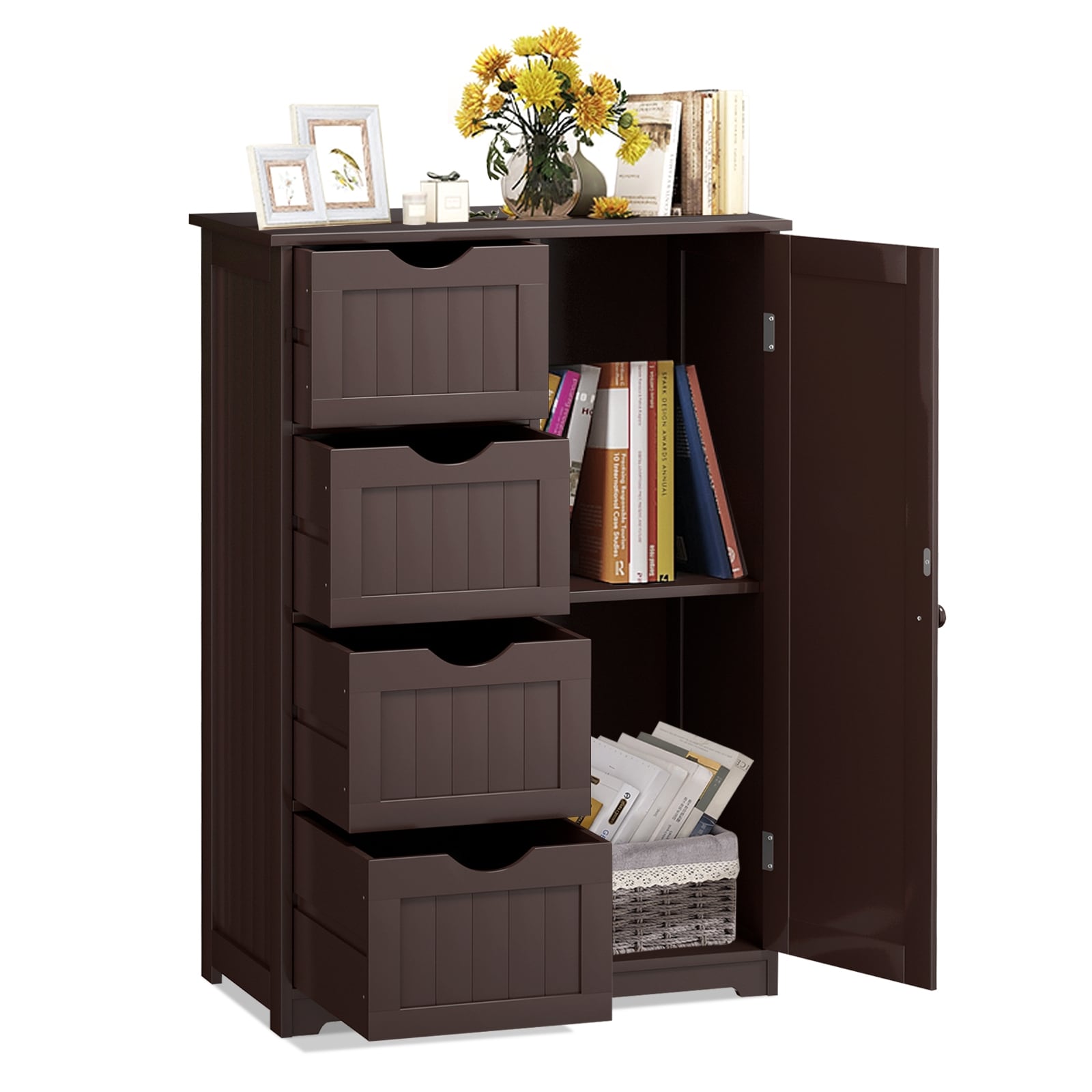 Volenca Freestanding Bathroom Floor Cabinet with 4 Drawers and Side Door Compartment 32.5-in H