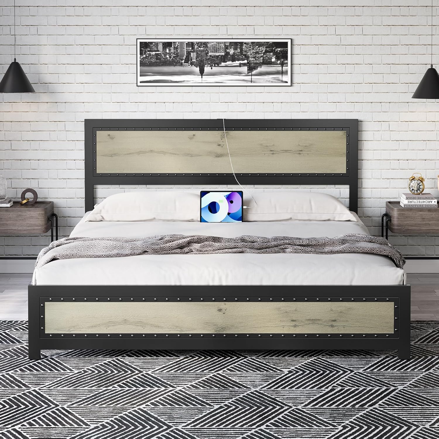 Qeetex LHF-BED-PHO-11ESACK8 Queen Size Bed Frame with Headboard Industrial Platform Bed Frame with Charge Station No Box Spring Needed Easy to Assemble Wooden Mattress Foundation Wash Grey