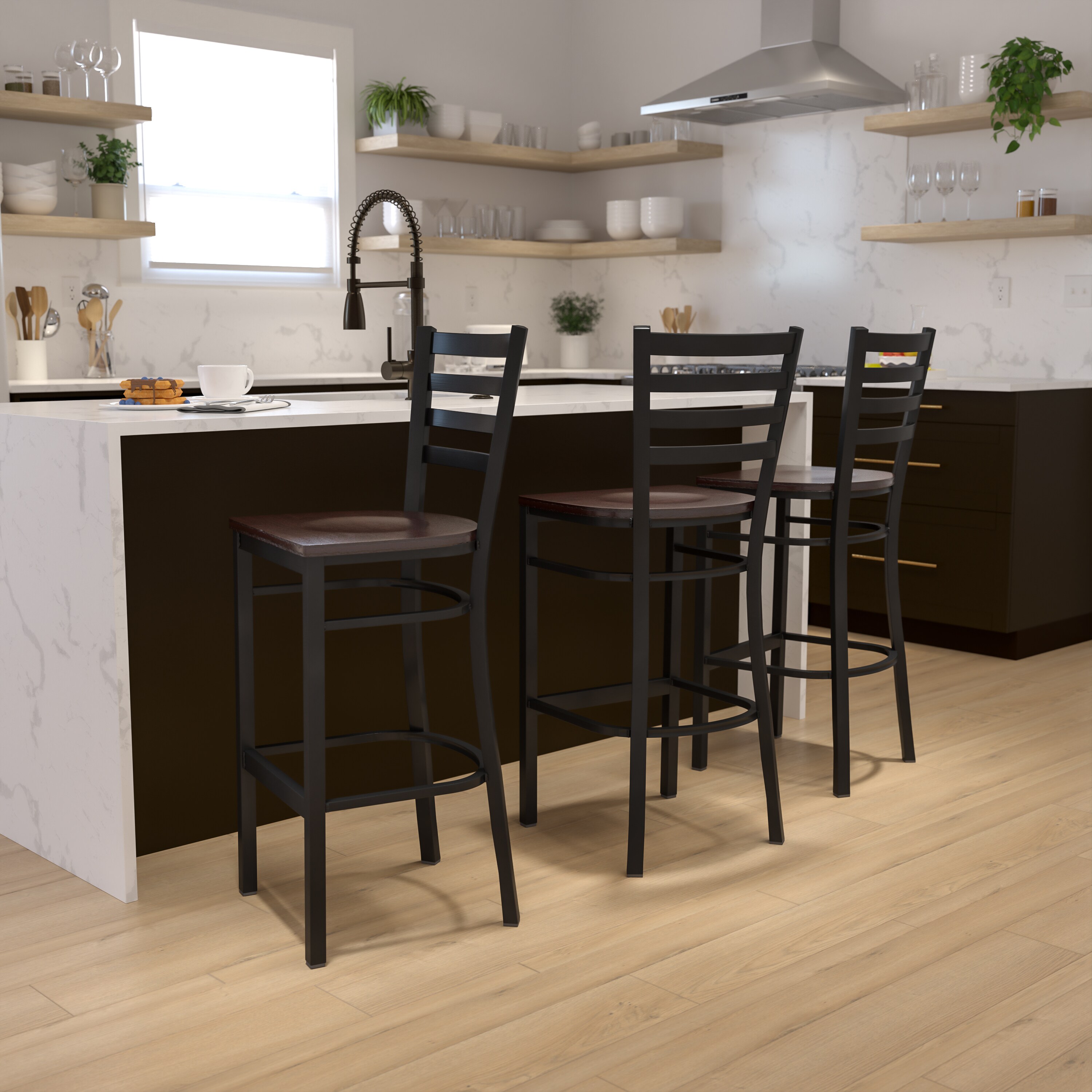 Walnut Wood and Black Metal Ladder Back Barstool