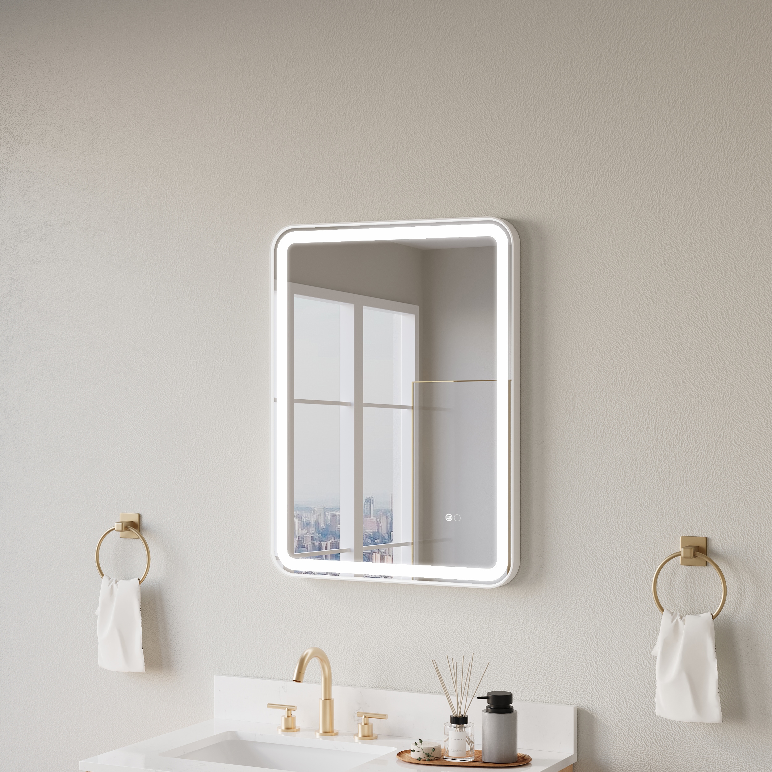 CALVON RC9-2432WT 24-in x 32-in Framed Rectangle Dimmable LED Lighted Fog Free Bathroom Vanity Mirror ( White )