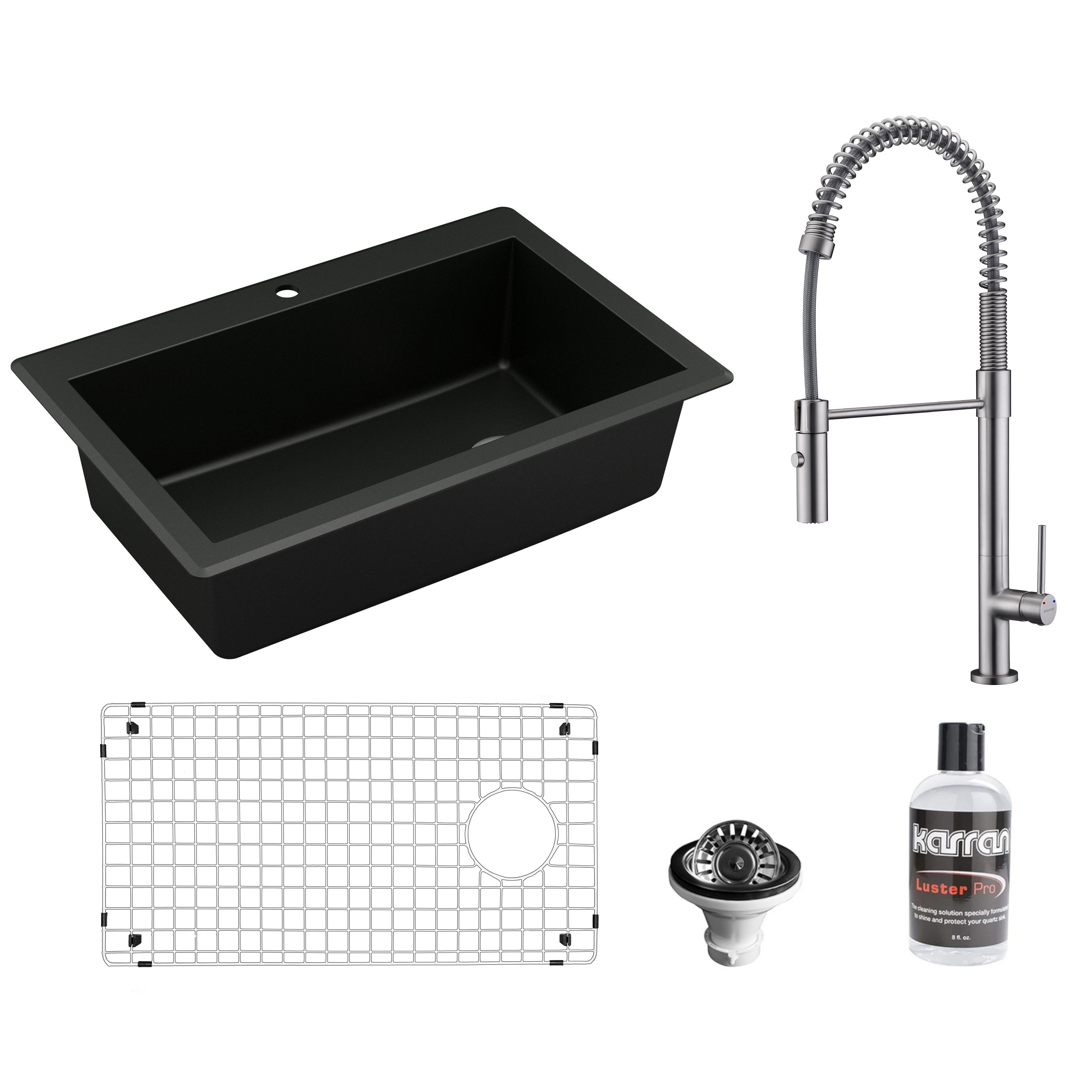 Karran QT670BL220SS Drop-in or undermount 33-in x 22-in Quartz Single bowl 1-Hole Kitchen Sink All-in-One Kit