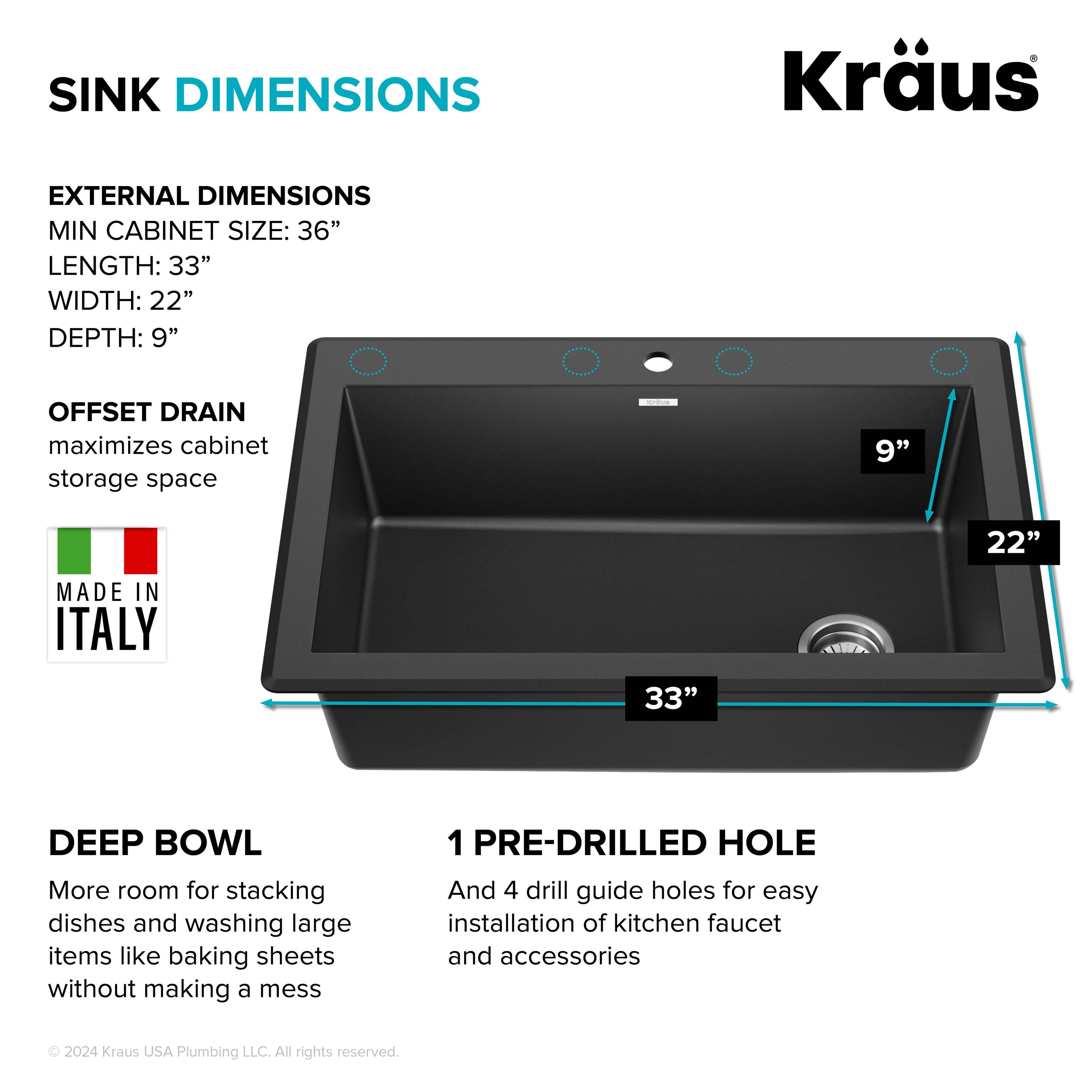 33-Inch Black Granite Single Bowl Drop-In Kitchen Sink