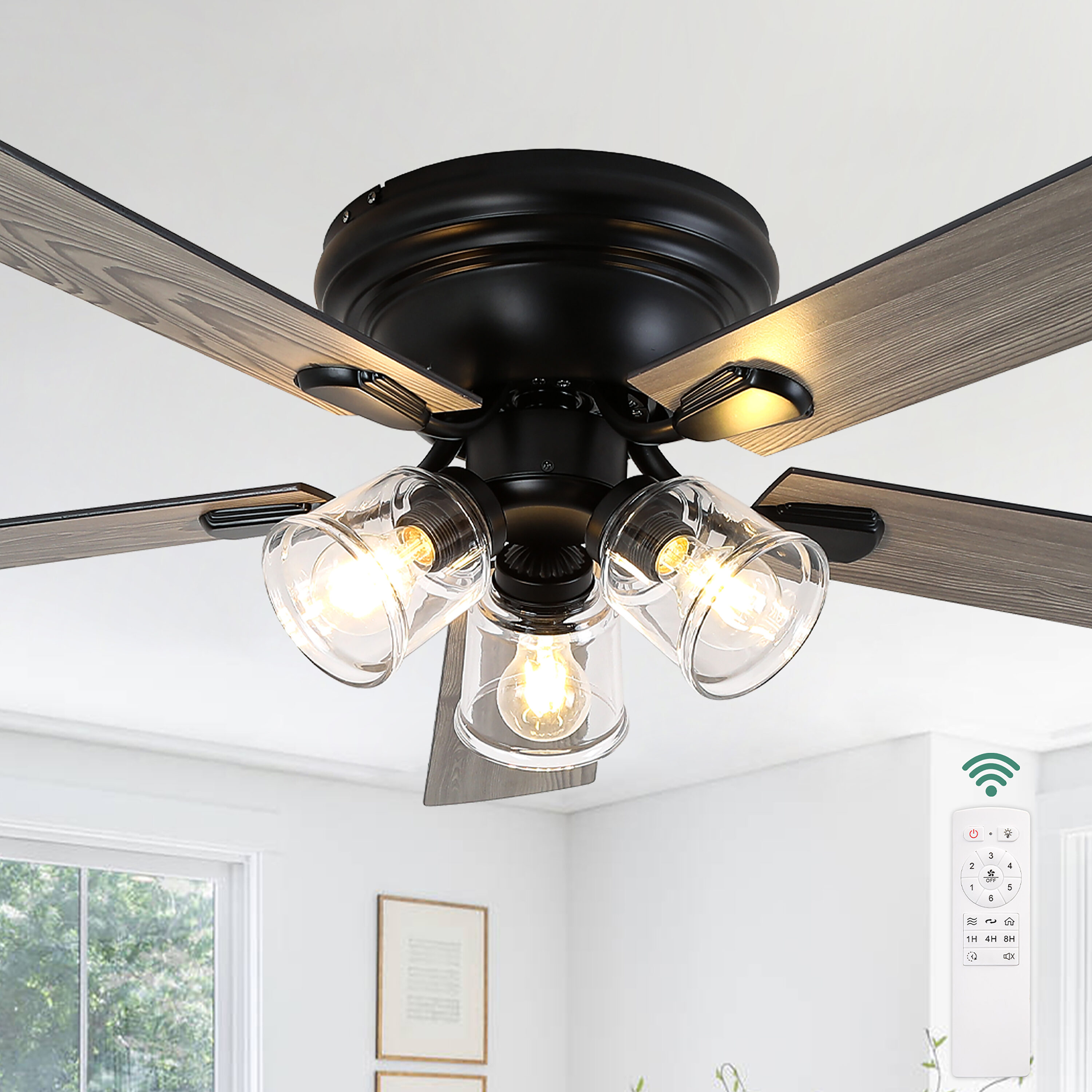 Cusp Barn Poimon 52-in Black with Grey Wood Grain Blades Flush Mount Chandelier Ceiling Fan Without Light and Remote Control Included 5 -Blade