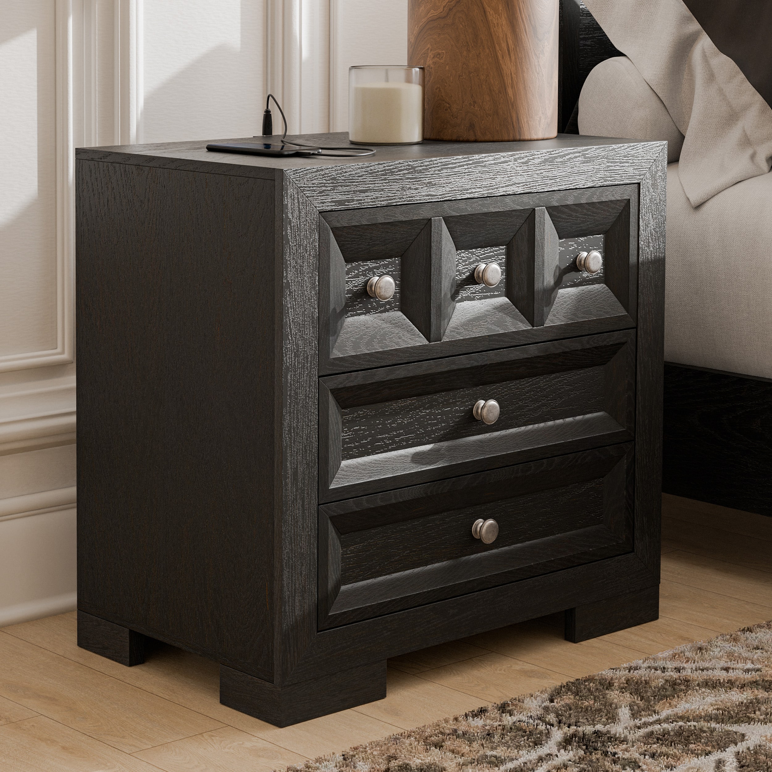 Furniture of America IDF-79011BK-N Flonnin Weathered Black Rubberwood Nightstand