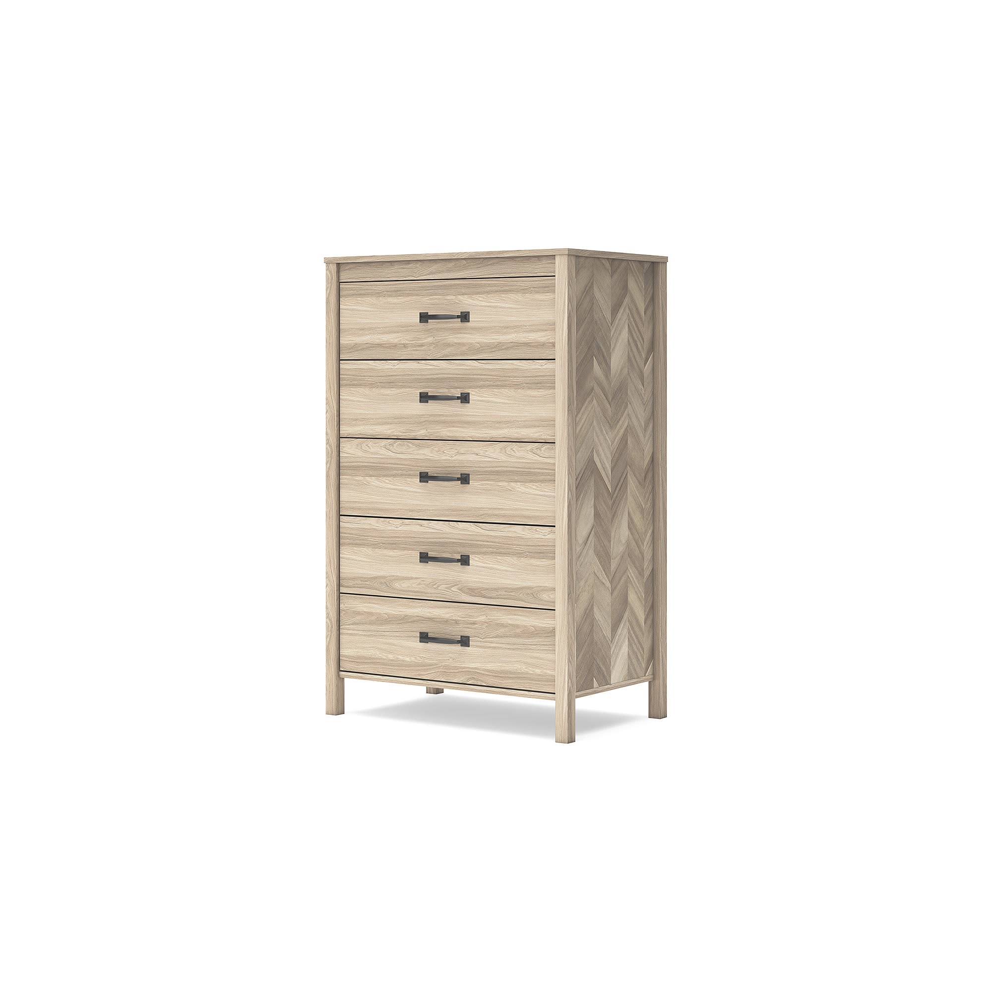 Signature Design by Ashley EB3929-245 Battelle Tan Five Drawer Chest with Oak Grain and Chevron Pattern Mid Century Modern Style
