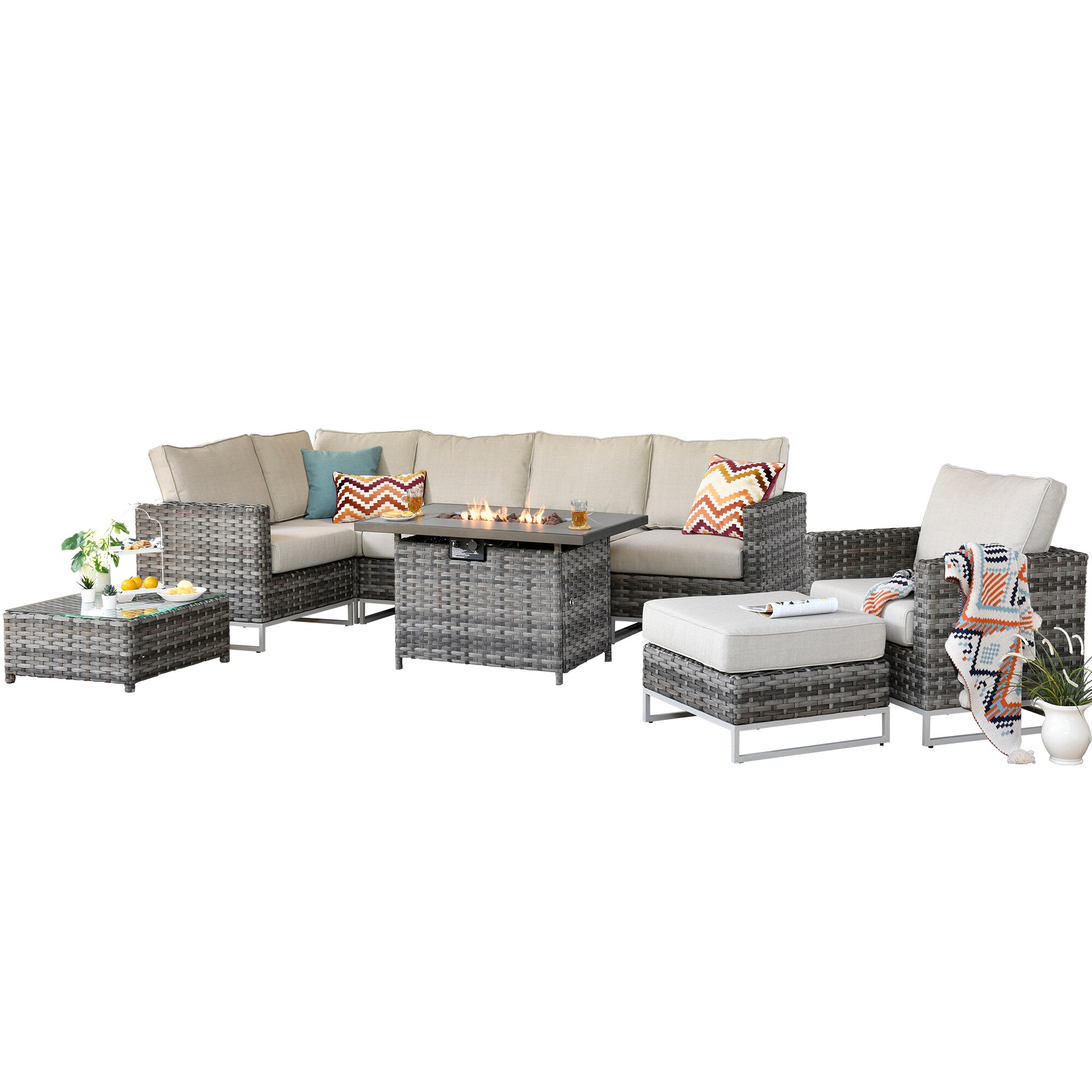 Pouuin SFPGBNZ6H09 9 -Piece Rattan Patio Conversation Set with Off-white Olefin Cushions